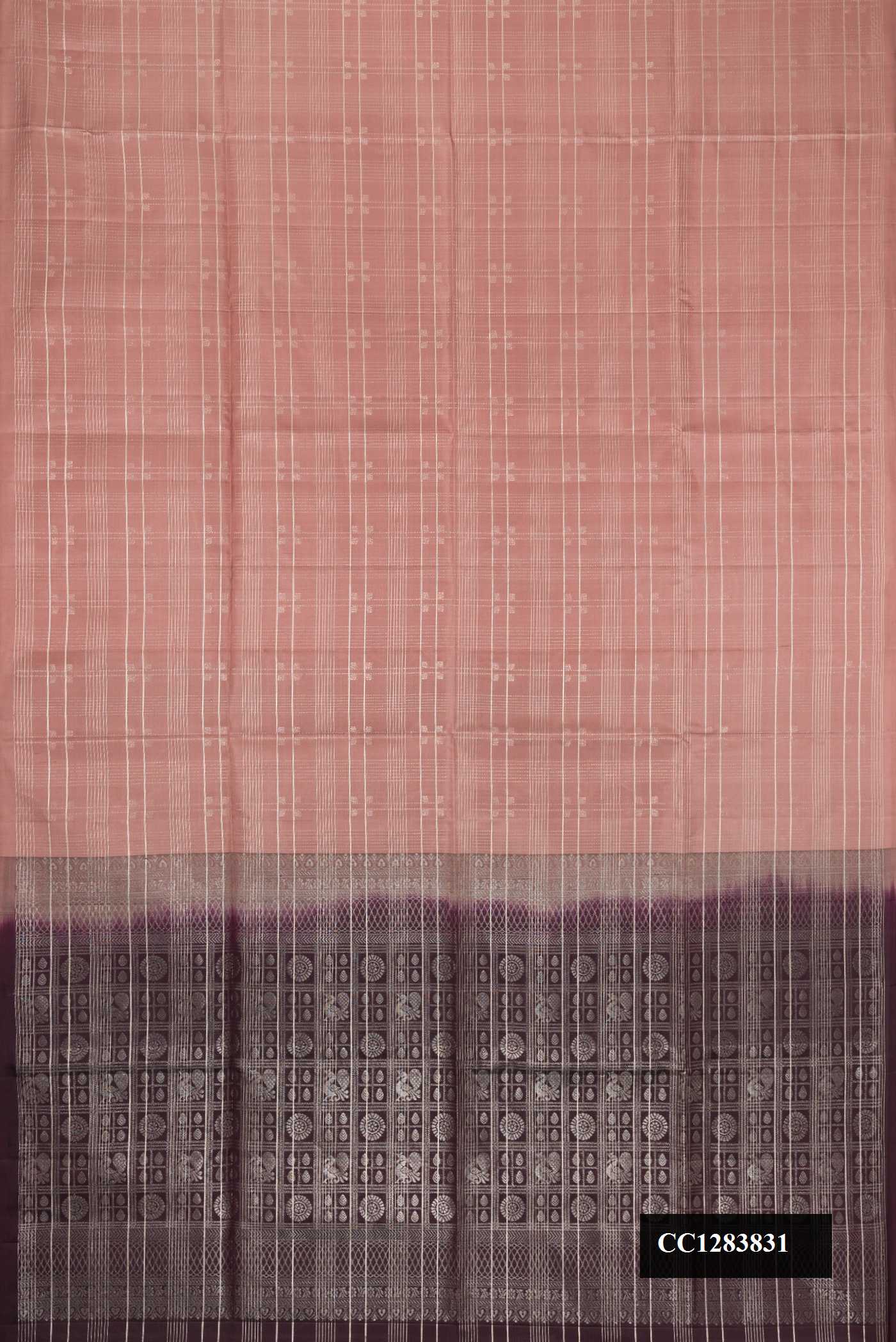 Beige Dual Tone Soft Silk Saree with Checked design on the body and Without Border.  displayed on a mannequin