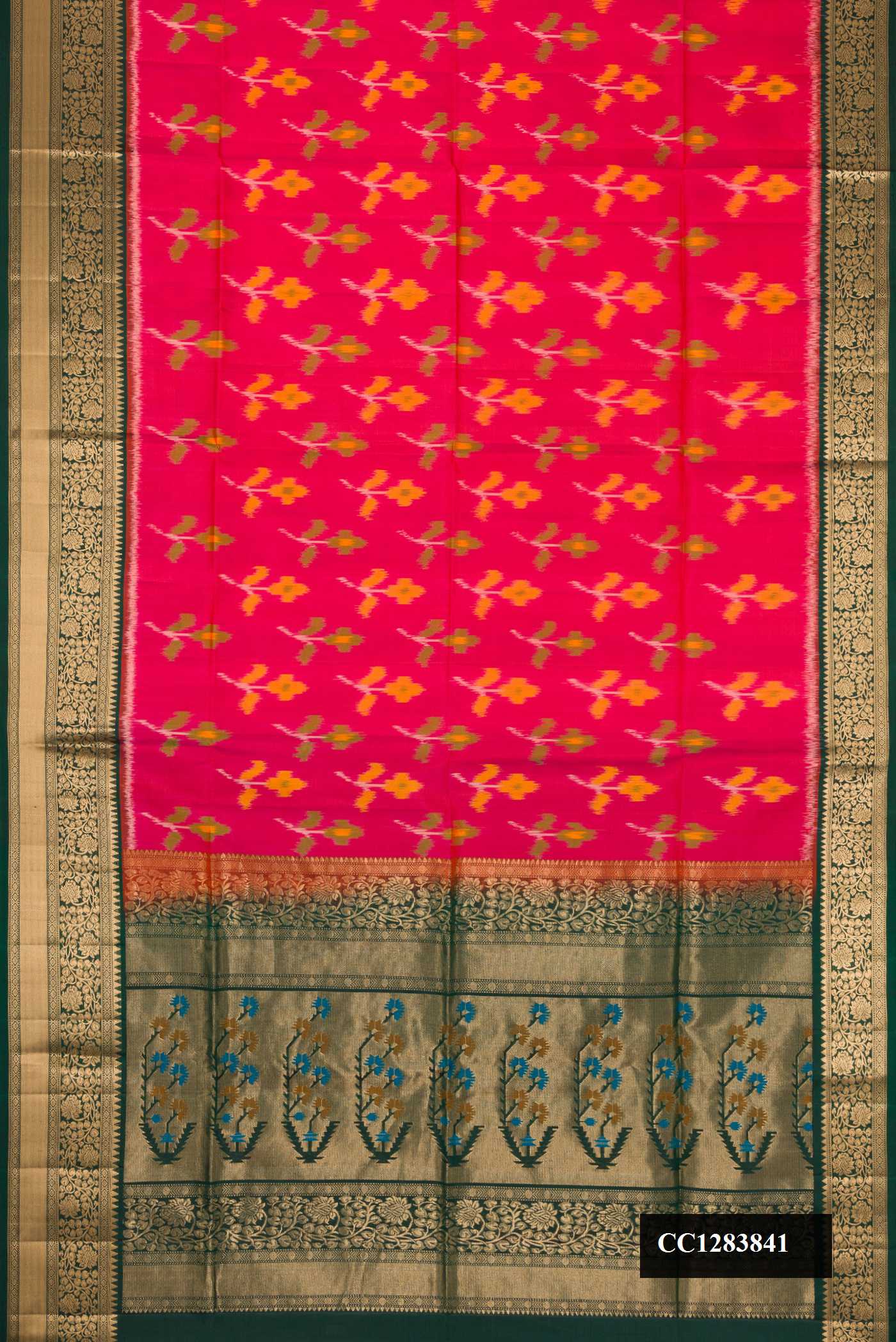 Pink Dual Tone Soft Silk Saree with Ikat Print on the body and Zari Border.  displayed on a mannequin