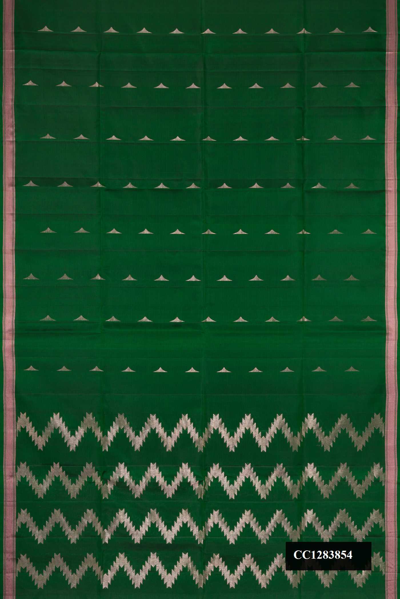 Bottle Green Dual Tone Soft Silk Saree with Zari Butta on the body and Zari Border.  displayed on a mannequin