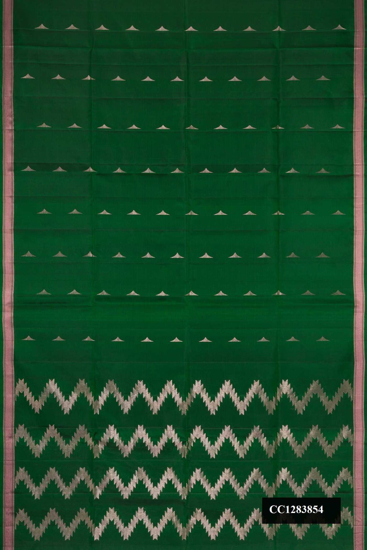 Bottle Green Dual Tone Soft Silk Saree with Zari Butta on the body and Zari Border.  displayed on a mannequin