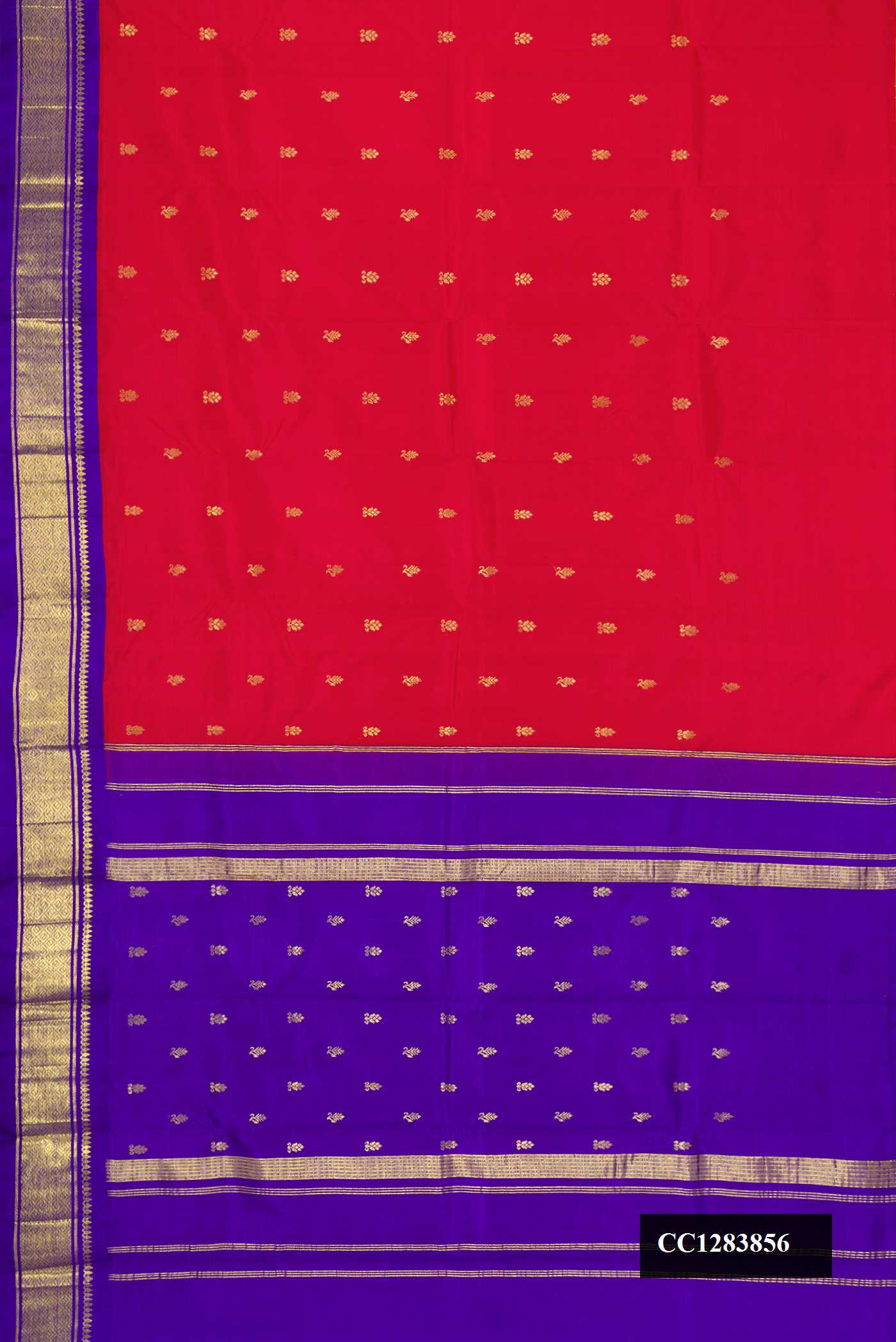 Red Dual Tone Kanchipuram Silk Saree with Zari Butta on the body and Zari Border.  displayed on a mannequin
