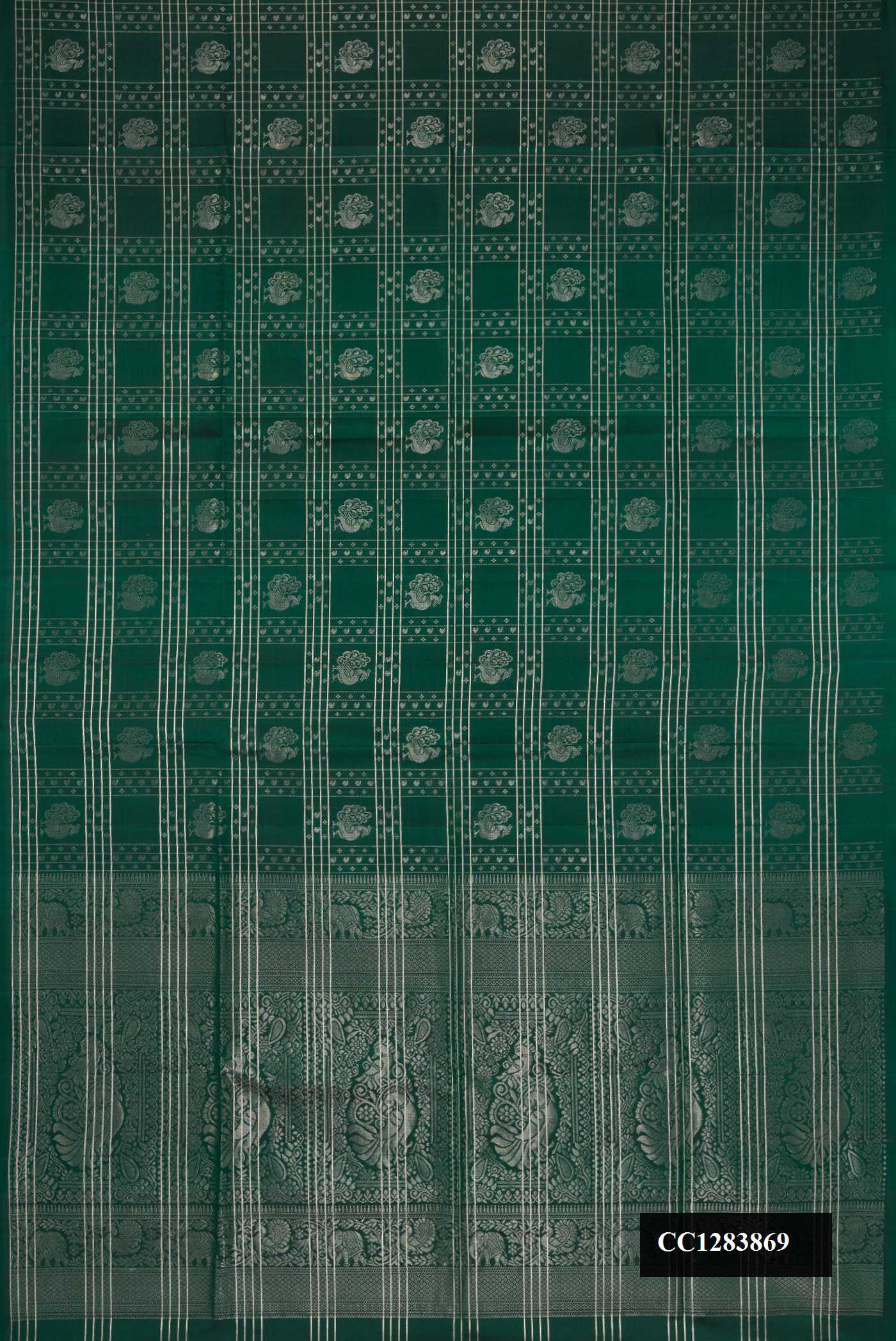 Bottle Green Dual Tone Soft Silk Saree with Checked design on the body and Without Border.  displayed on a mannequin