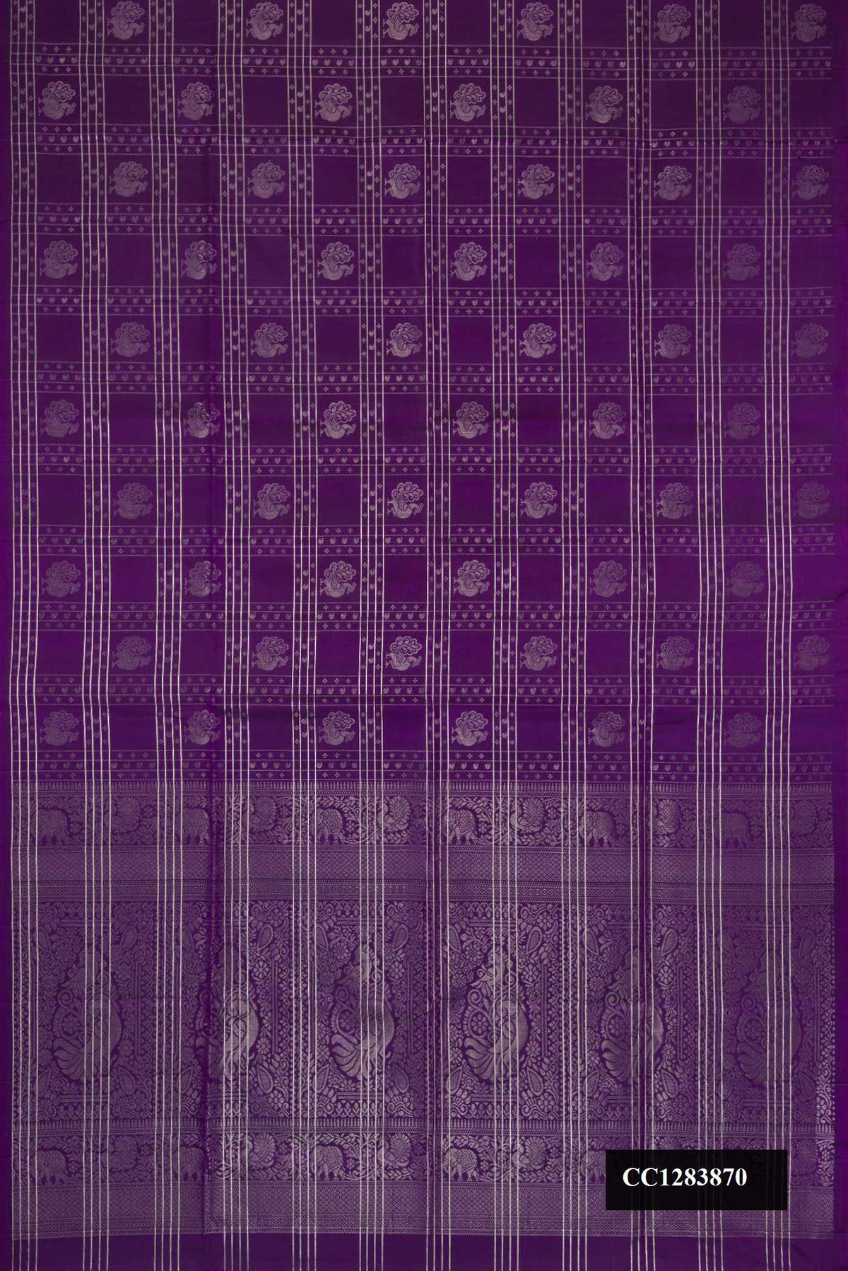 Purple Dual Tone Soft Silk Saree with Checked design on the body and Without Border.  displayed on a mannequin