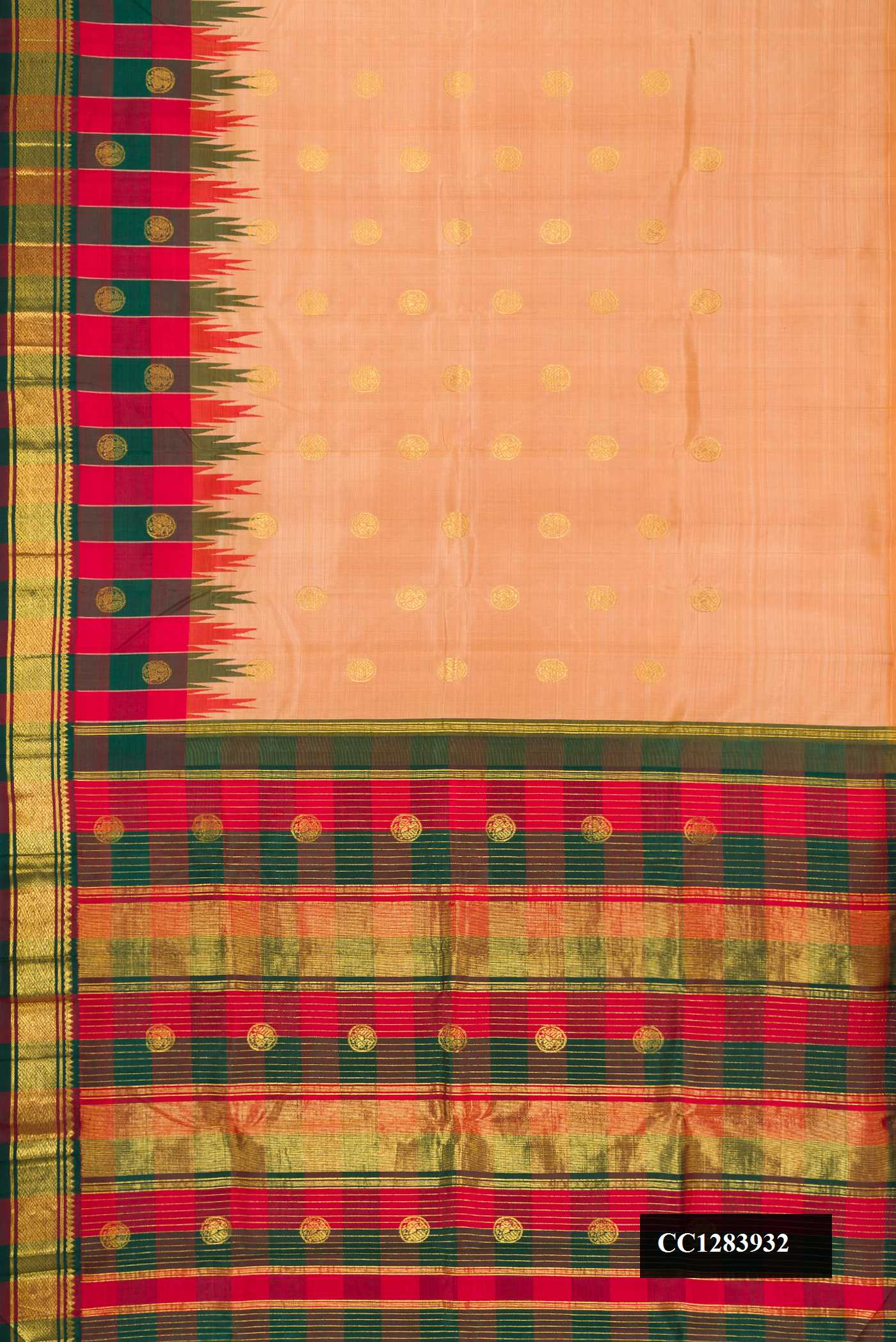 Sandal Dual Tone Kanchipuram Silk Saree with Zari Butta on the body and Zari Border.  displayed on a mannequin