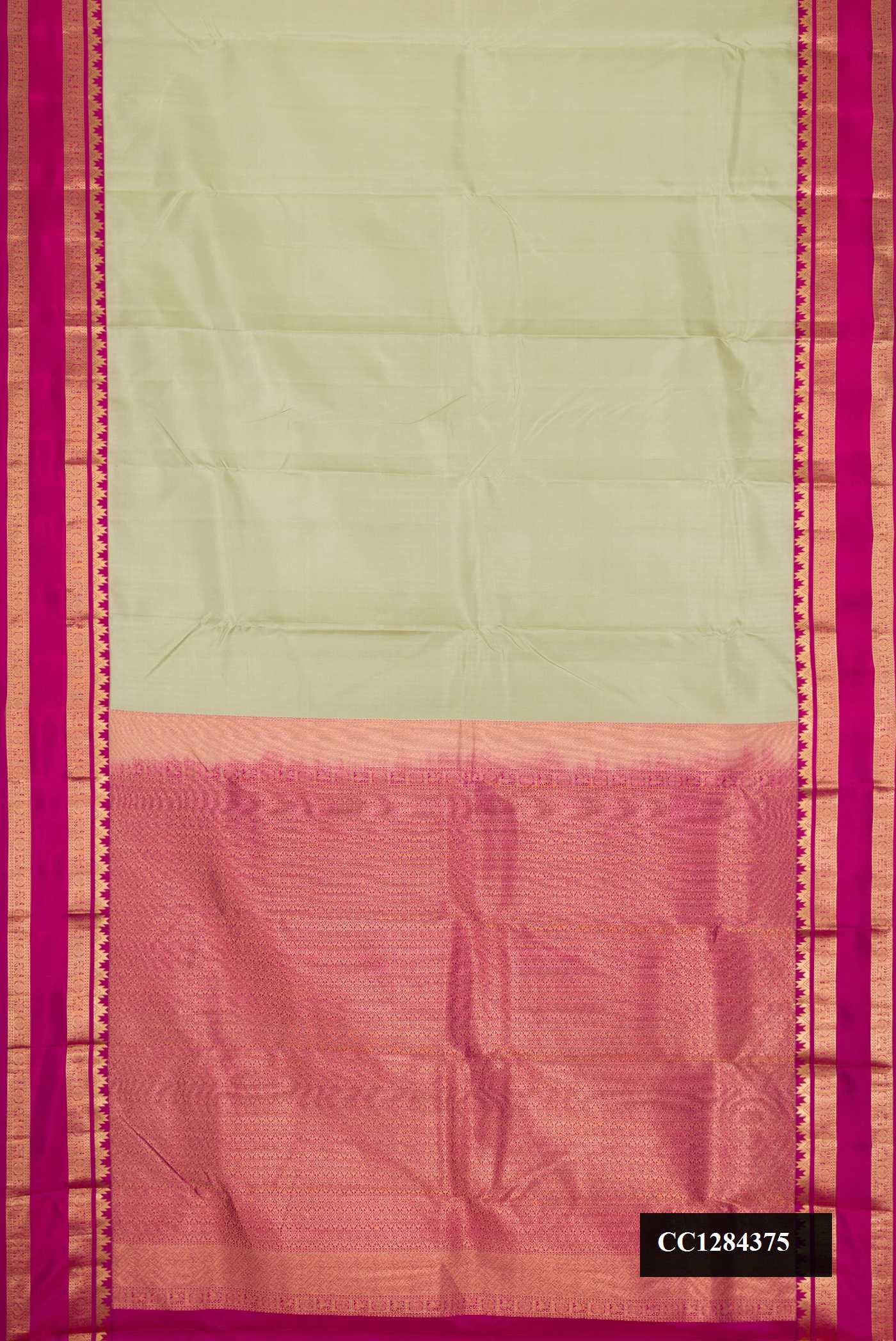 Beige Dual Tone Kanchipuram Silk Saree with Plain Body and Zari Border.  displayed on a mannequin