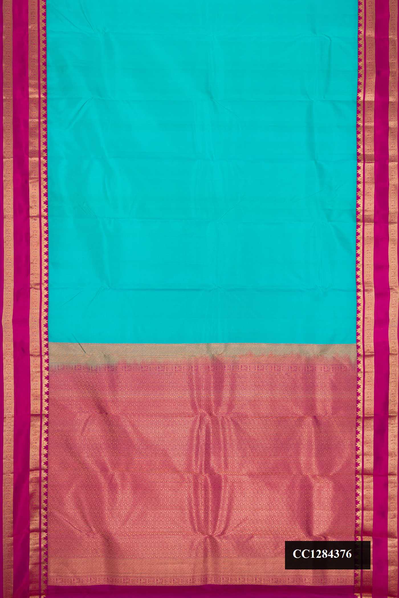 Sky Blue Dual Tone Kanchipuram Silk Saree with Plain Body and Zari Border.  displayed on a mannequin