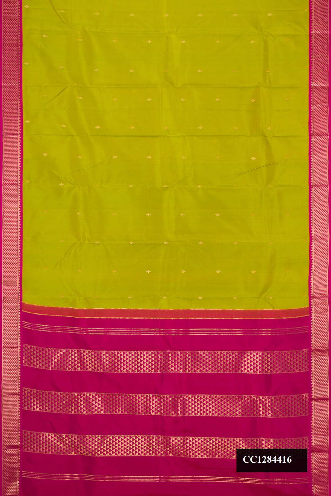 Parrot Green Dual Tone Kanchipuram Silk Saree with Zari Butta on the body and Zari Border.  displayed on a mannequin