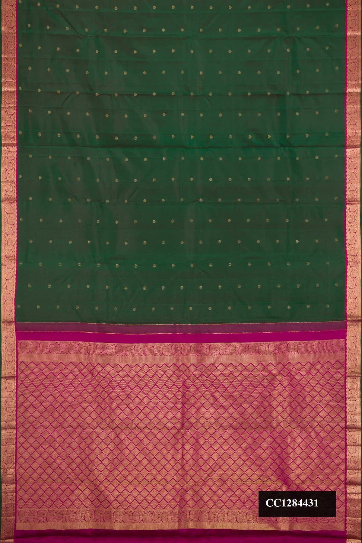 Bottle Green Dual Tone Kanchipuram Silk Saree with Zari Butta on the body and Zari Border.  displayed on a mannequin