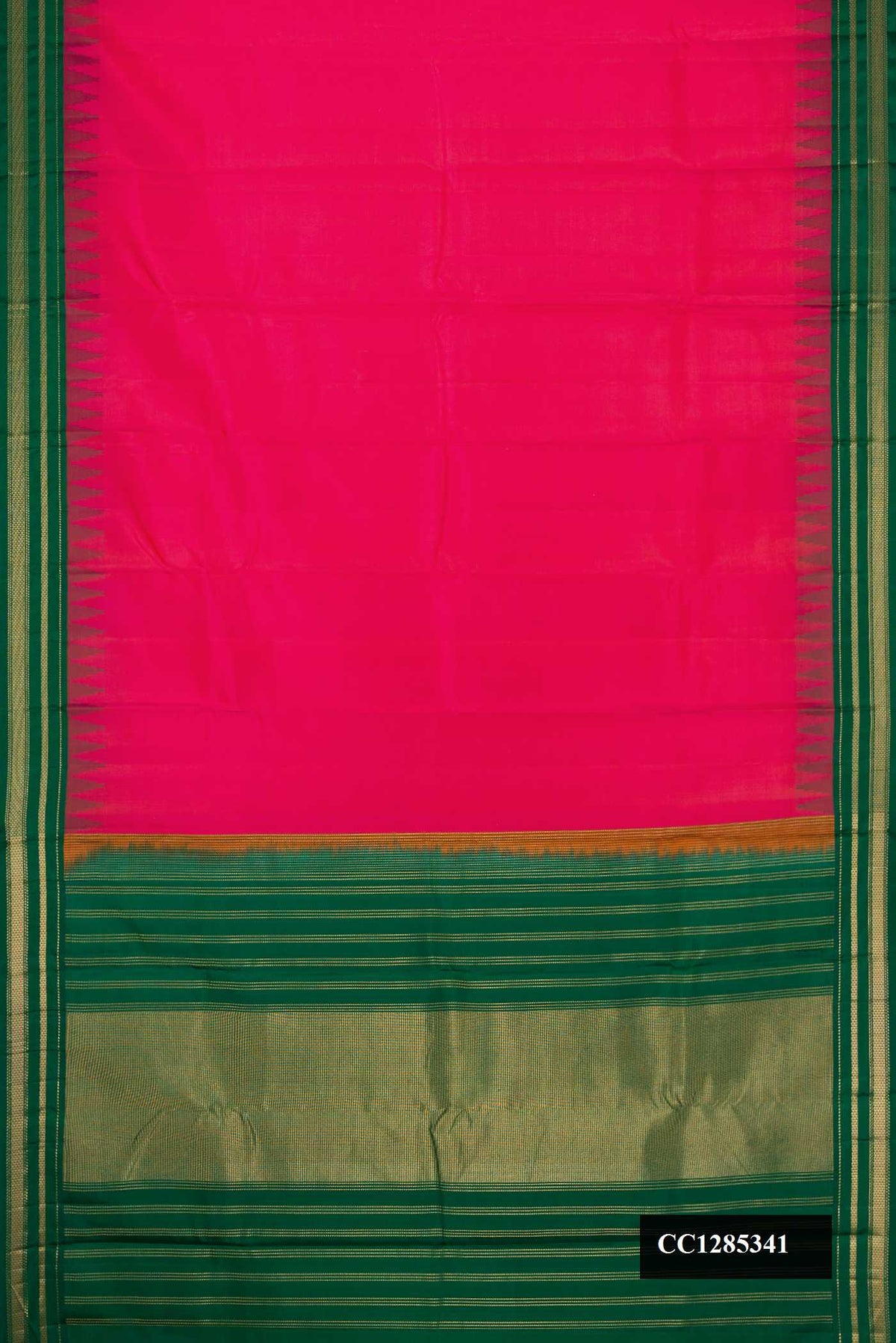 Pink Dual Tone Kanchipuram Silk Saree with Plain Body and Zari Border.  displayed on a mannequin