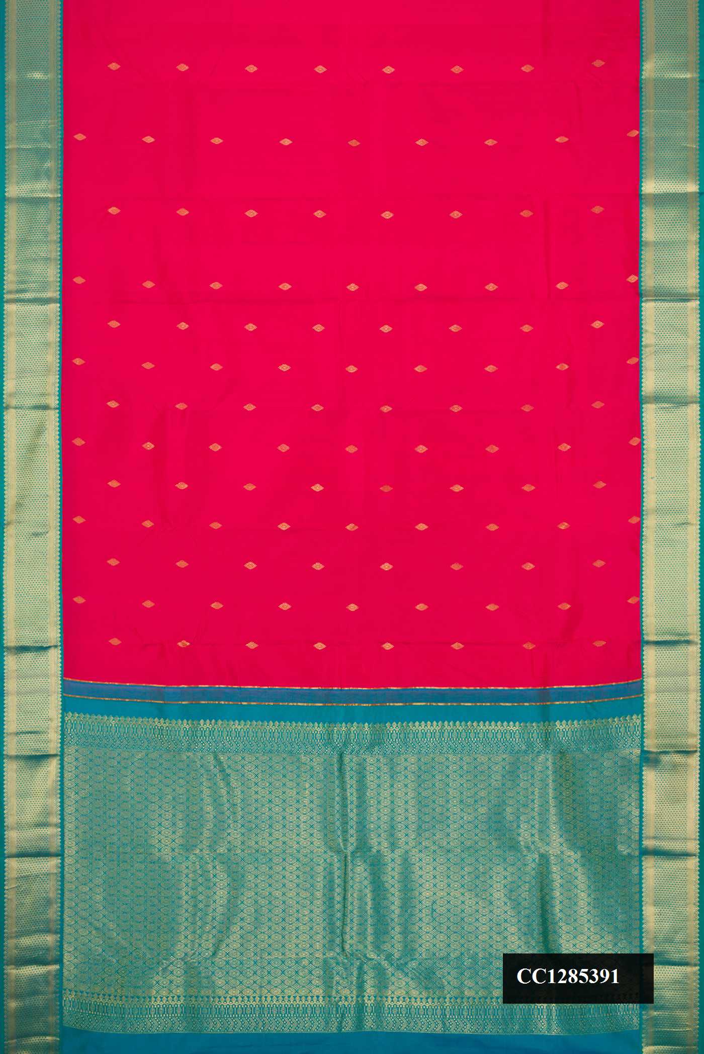 Red Dual Tone Kanchipuram Silk Saree with Zari Butta on the body and Zari Border.  displayed on a mannequin