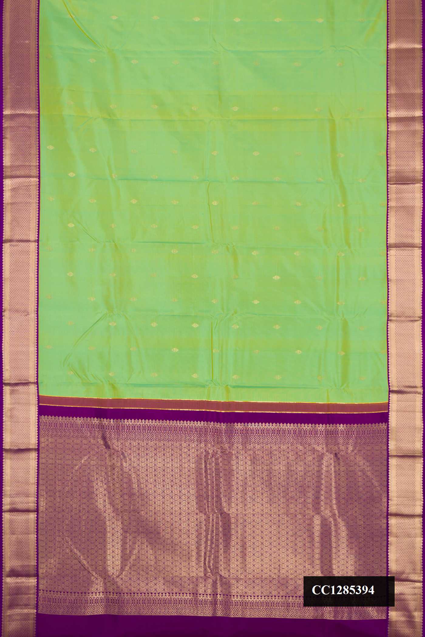 Pista Green Dual Tone Kanchipuram Silk Saree with Zari Butta on the body and Zari Border.  displayed on a mannequin