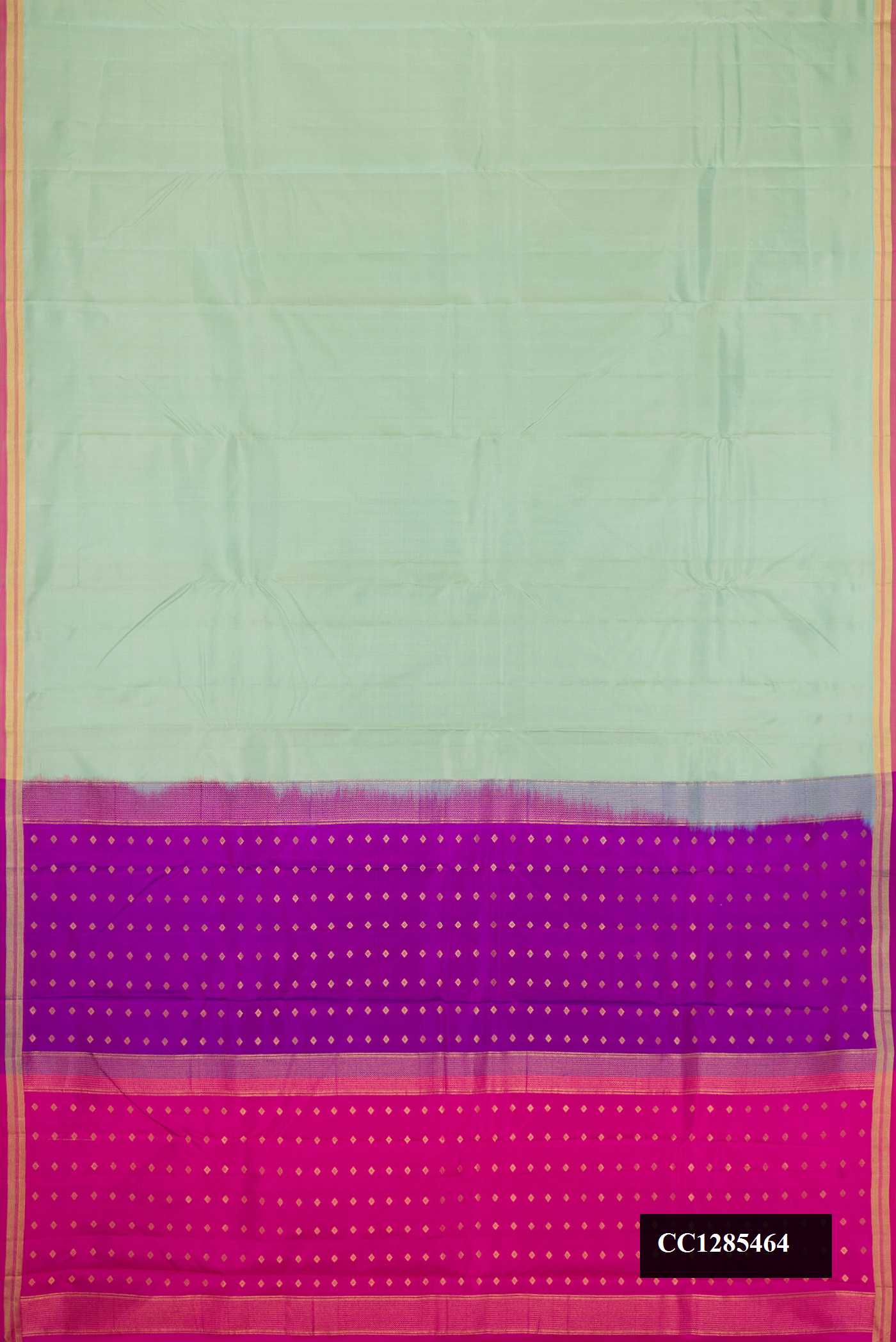 Pista Green Dual Tone Kanchipuram Silk Saree with Stripes on the body and Zari Border.  displayed on a mannequin
