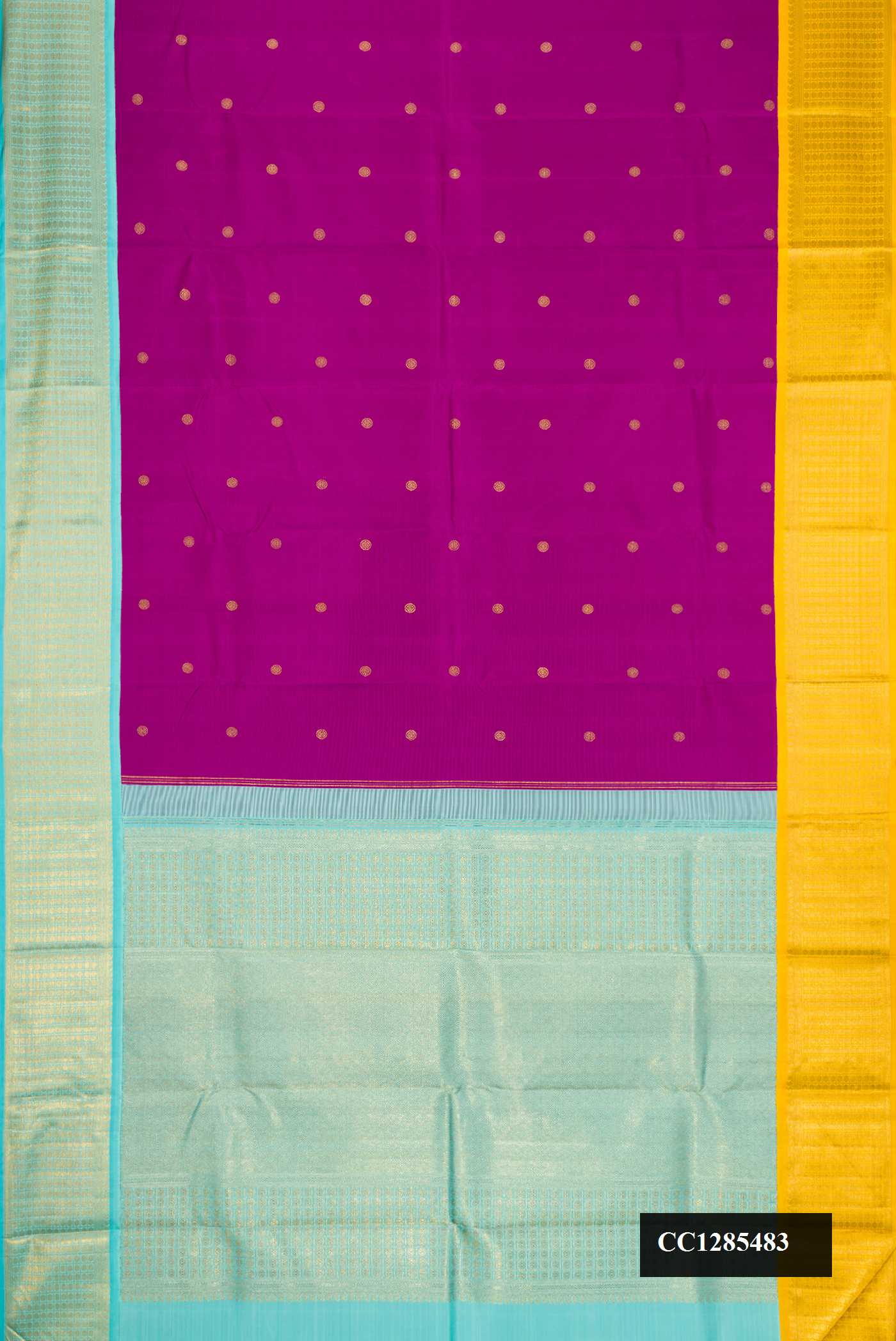 Purple Dual Tone Kanchipuram Silk Saree with Zari Butta on the body and Ganga Jamuna Border.  displayed on a mannequin