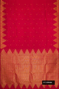 Maroon Dual Tone Kanchipuram Silk Saree with Zari Butta on the body and Temple Border.  displayed on a mannequin