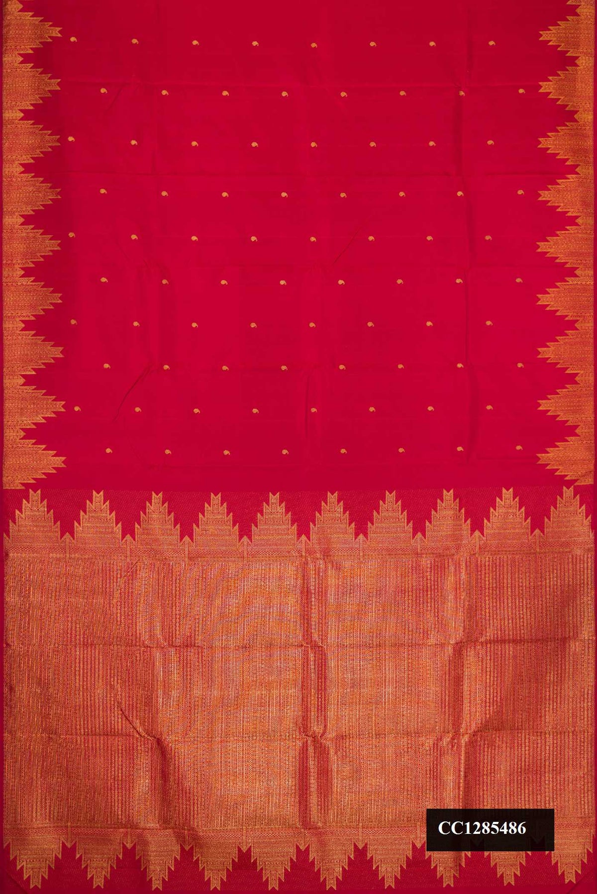 Maroon Dual Tone Kanchipuram Silk Saree with Zari Butta on the body and Temple Border.  displayed on a mannequin