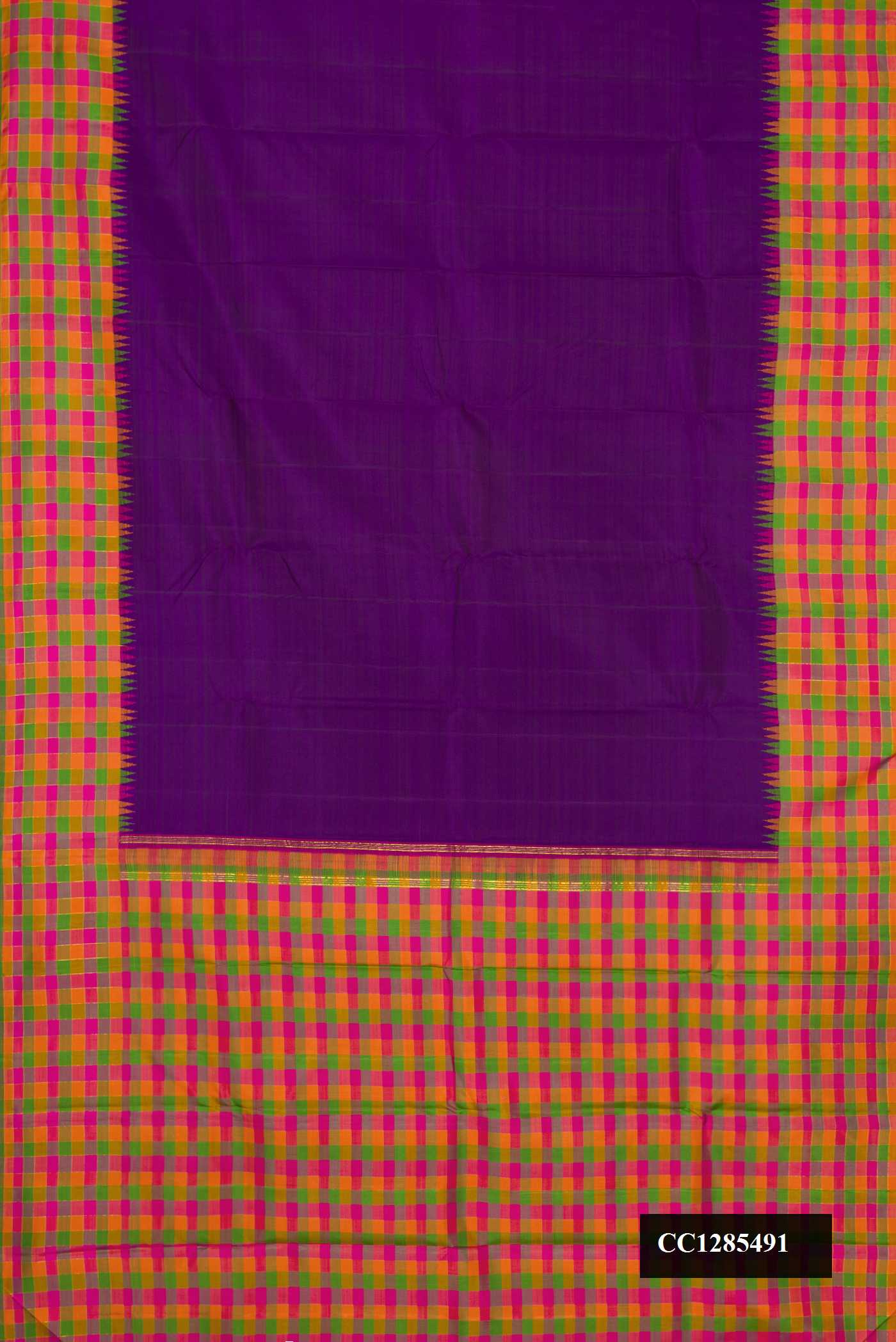 Violet Dual Tone Kanchipuram Silk Saree with Plain Body and Checks Border.  displayed on a mannequin