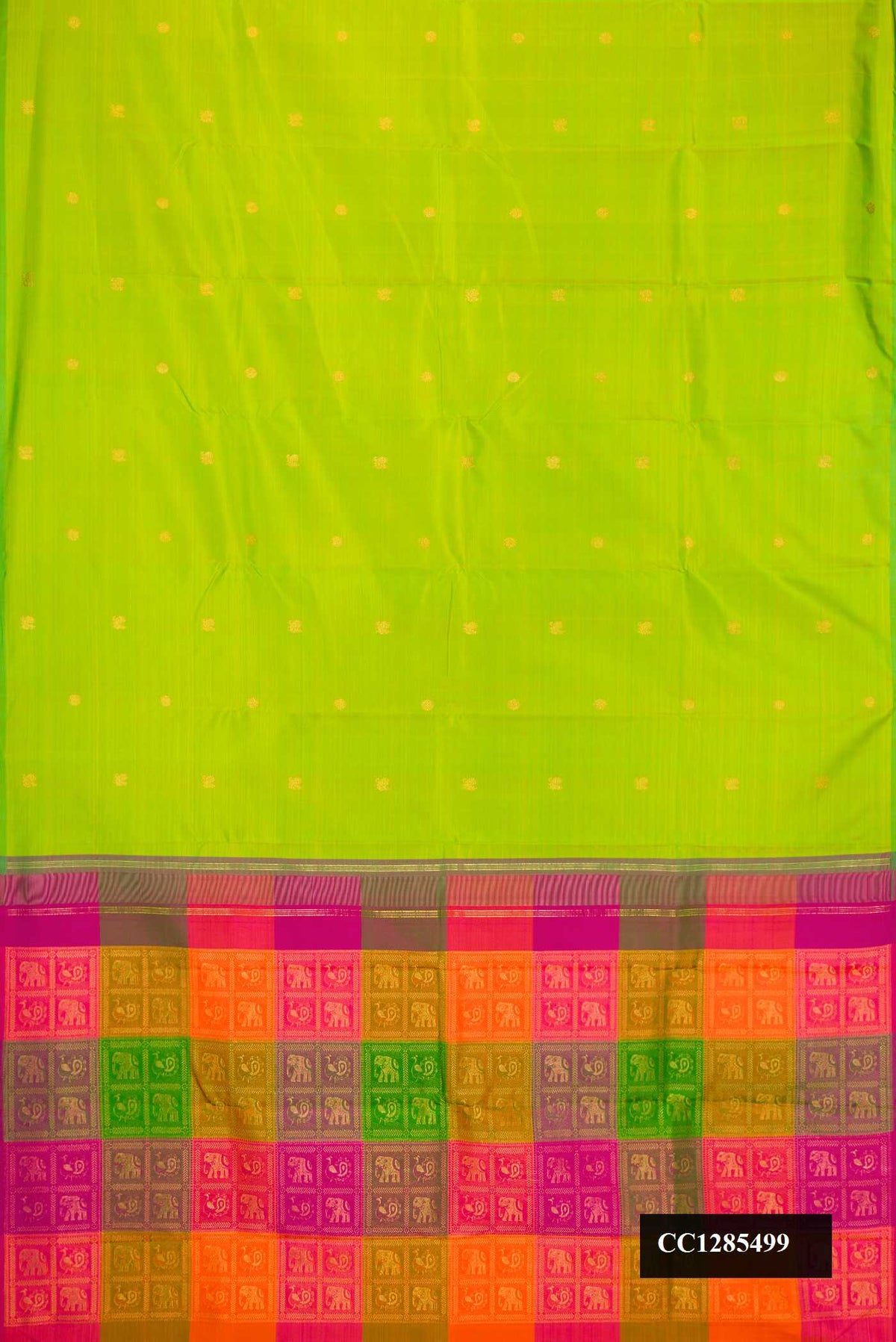 Parrot Green Dual Tone Kanchipuram Silk Saree with Zari Butta on the body and Without Border.  displayed on a mannequin