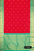 Red Dual Tone Kanchipuram Silk Saree with Zari Butta on the body and Zari Border.  displayed on a mannequin
