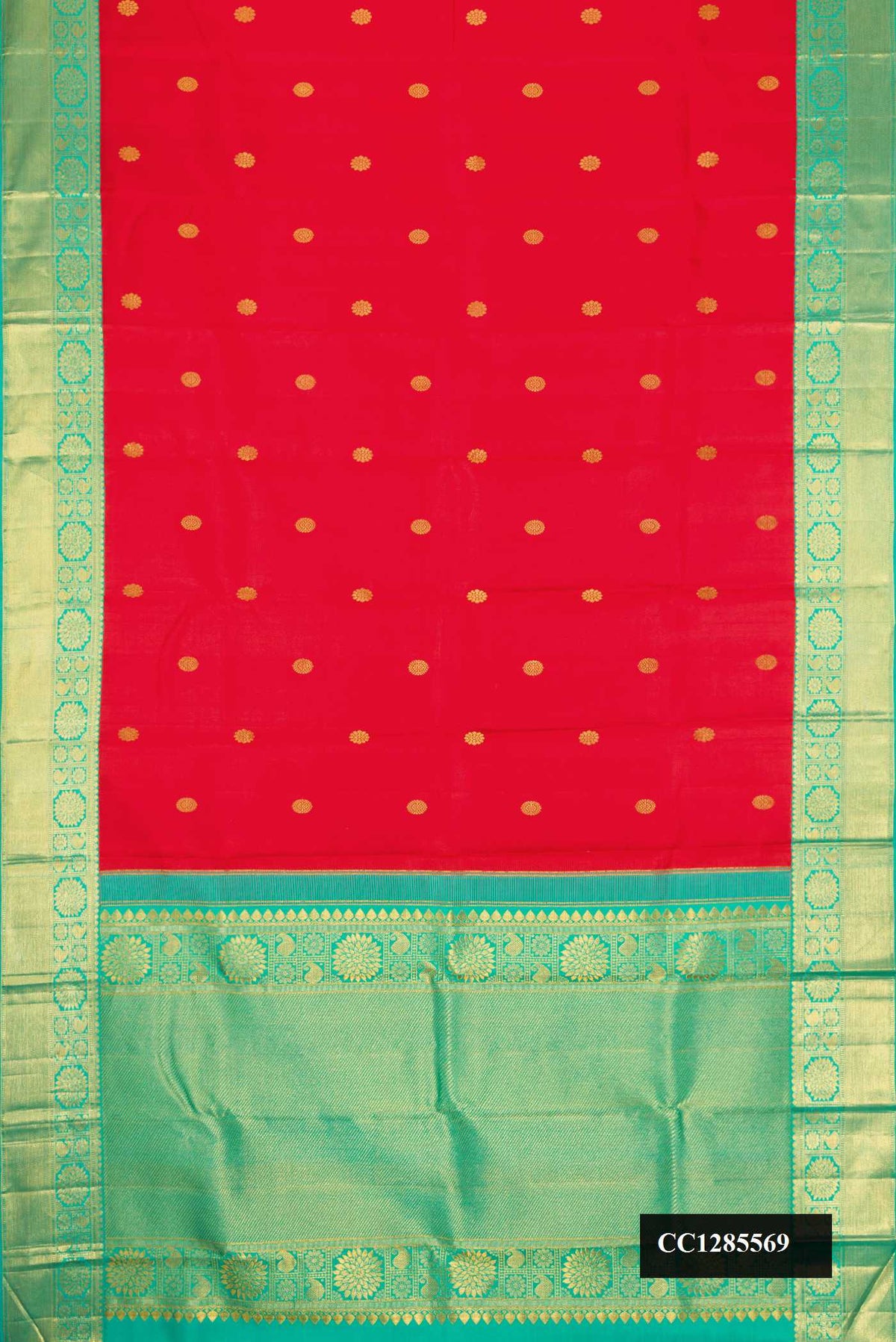 Red Dual Tone Kanchipuram Silk Saree with Zari Butta on the body and Zari Border.  displayed on a mannequin