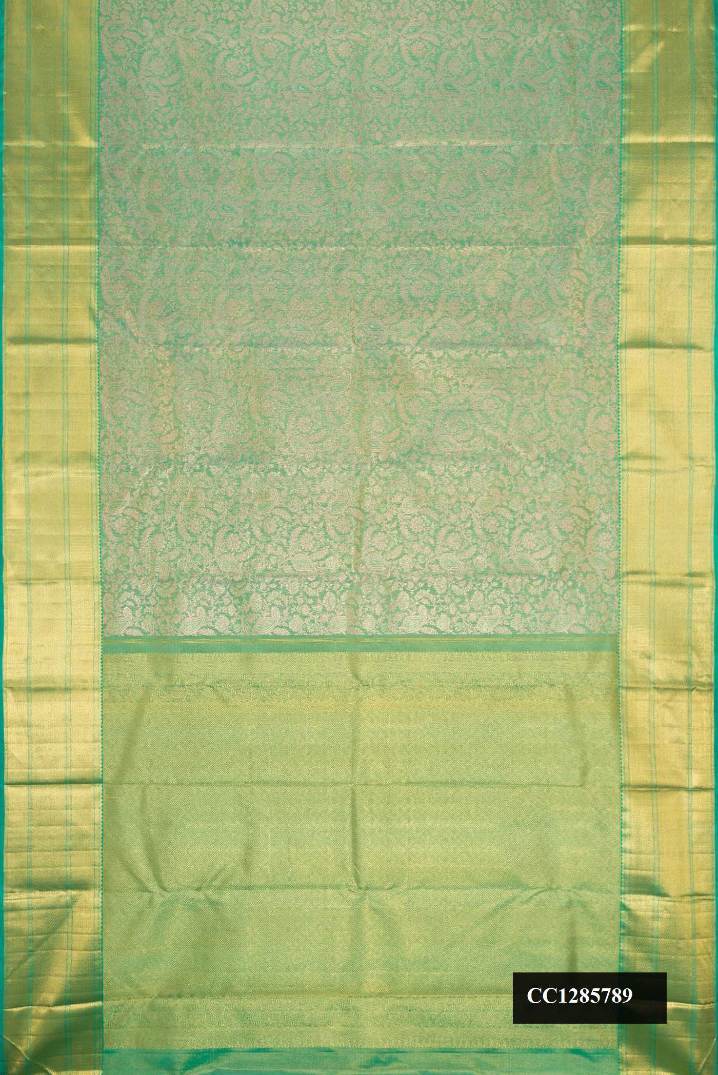 Green Dual Tone Kanchipuram Silk Saree with Zari Brocade on the body and Zari Border.  displayed on a mannequin