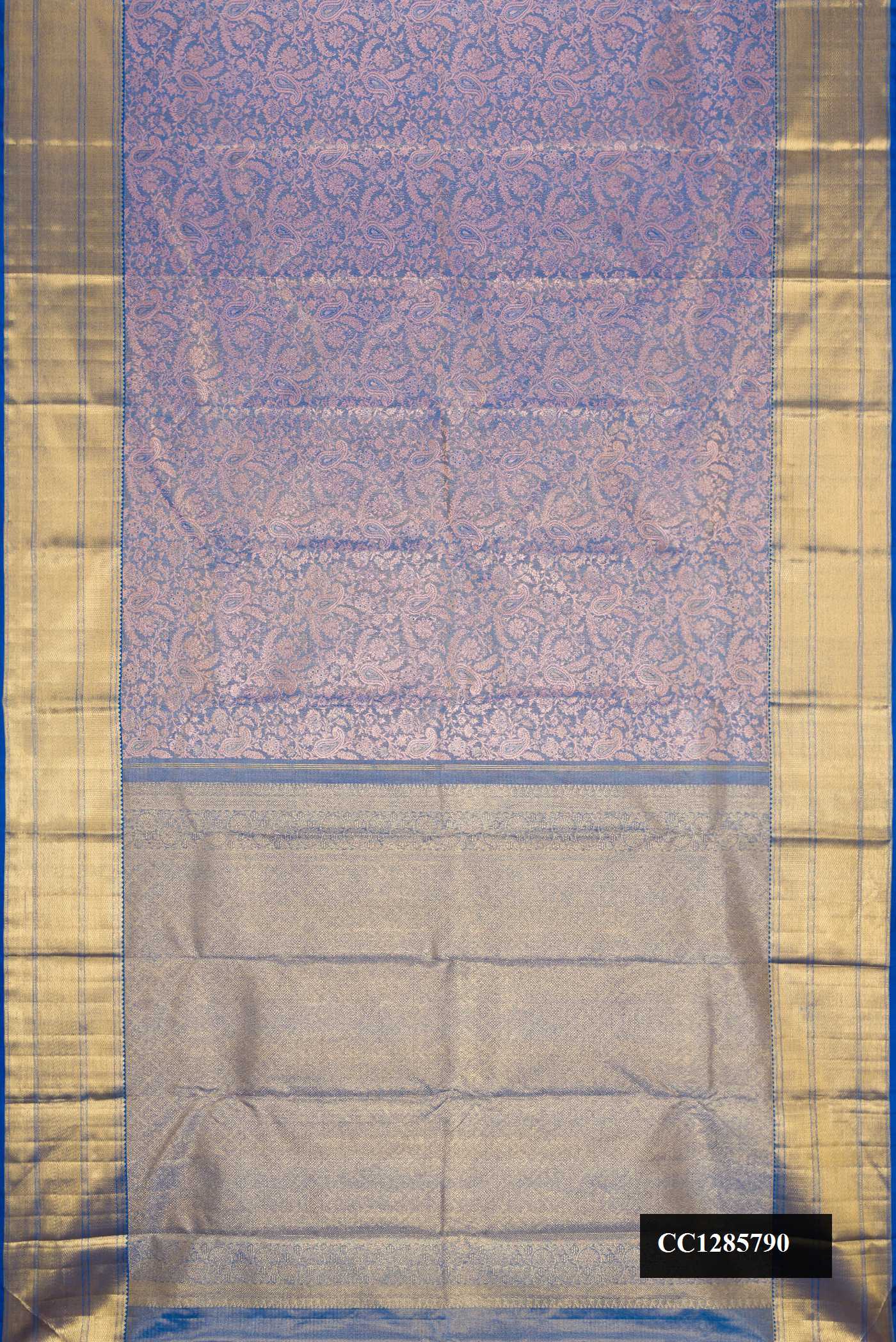 Peacock Blue Dual Tone Kanchipuram Silk Saree with Zari Brocade on the body and Zari Border.  displayed on a mannequin