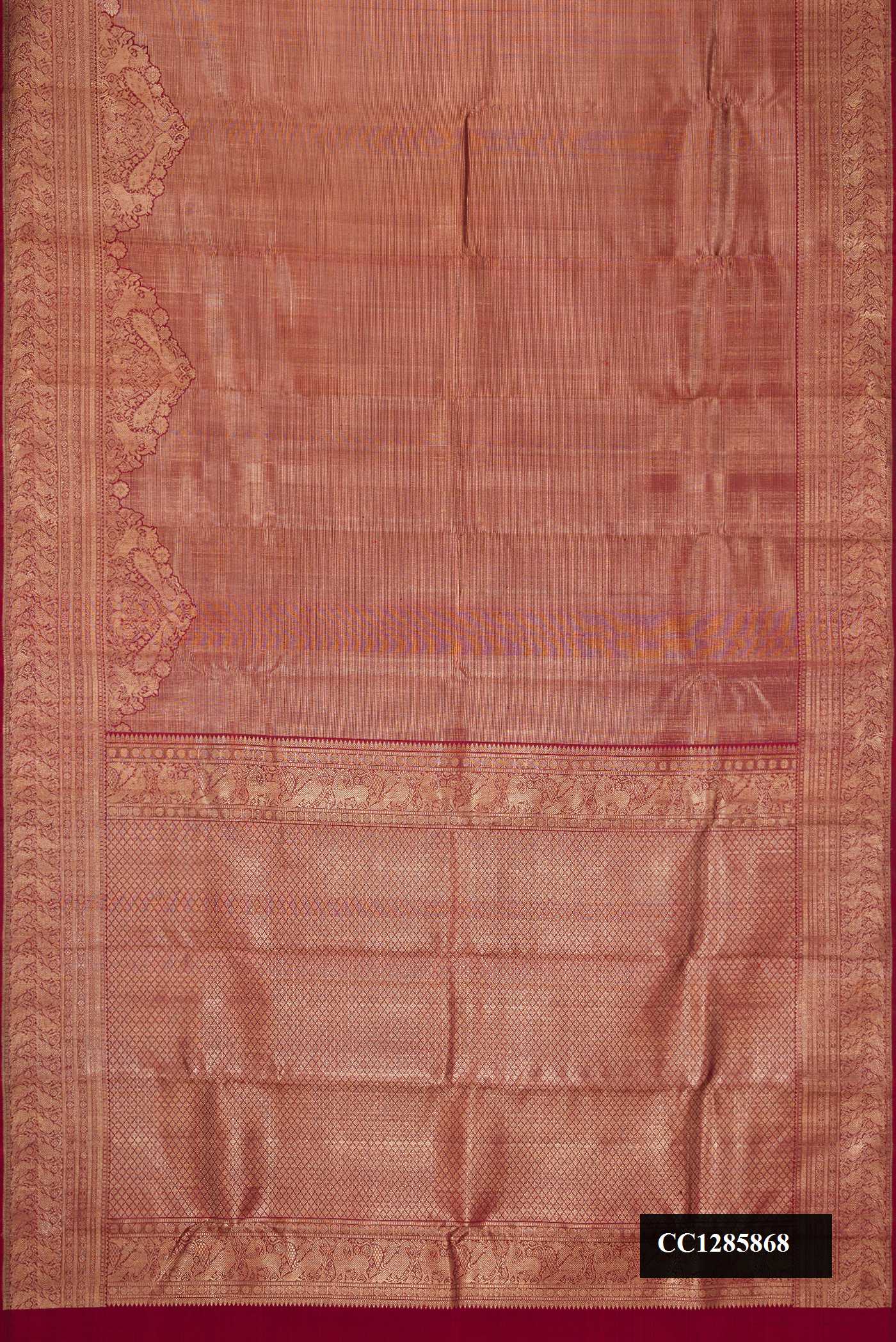Maroon Dual Tone Kanchipuram Silk Saree with Zari Brocade on the body and Fancy Border.  displayed on a mannequin