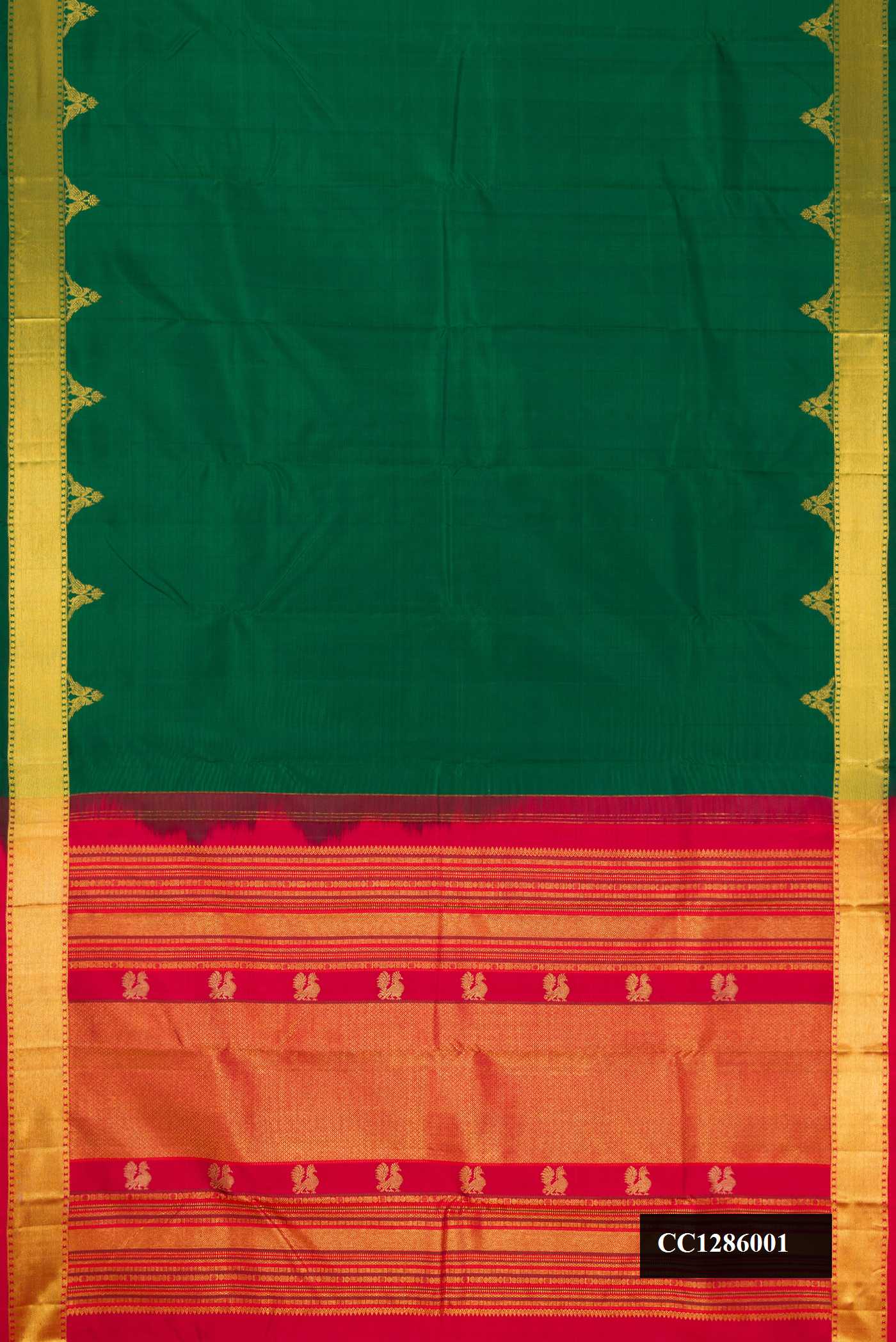 Bottle Green Dual Tone Kanchipuram Silk Saree with Plain Body and Zari Border.  displayed on a mannequin