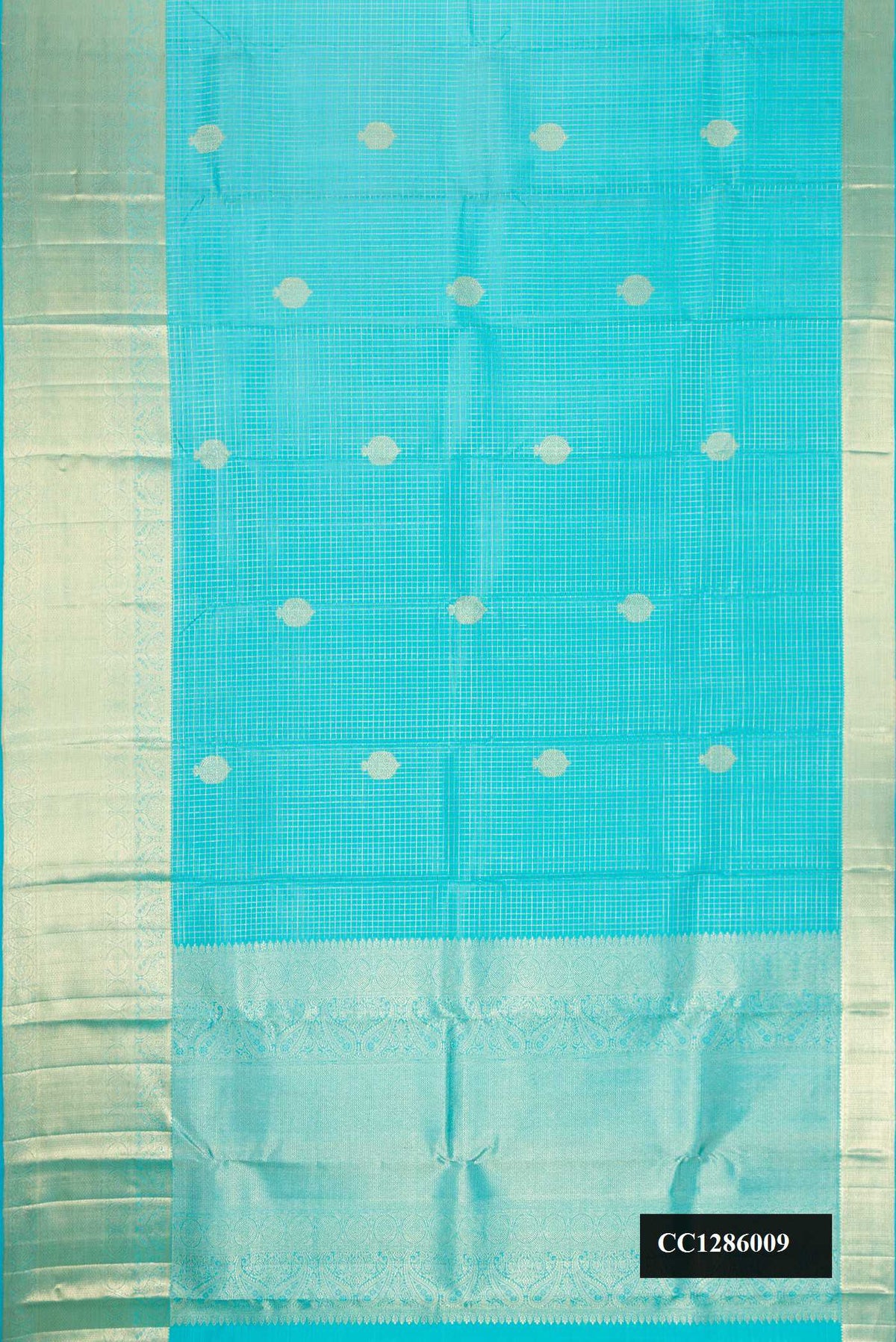 Sky Blue Dual Tone Kanchipuram Silk Saree with Checked design on the body and Zari Border.  displayed on a mannequin