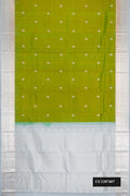 Green Dual Tone Kanchipuram Silk Saree with Zari Butta on the body and Zari Border.  displayed on a mannequin