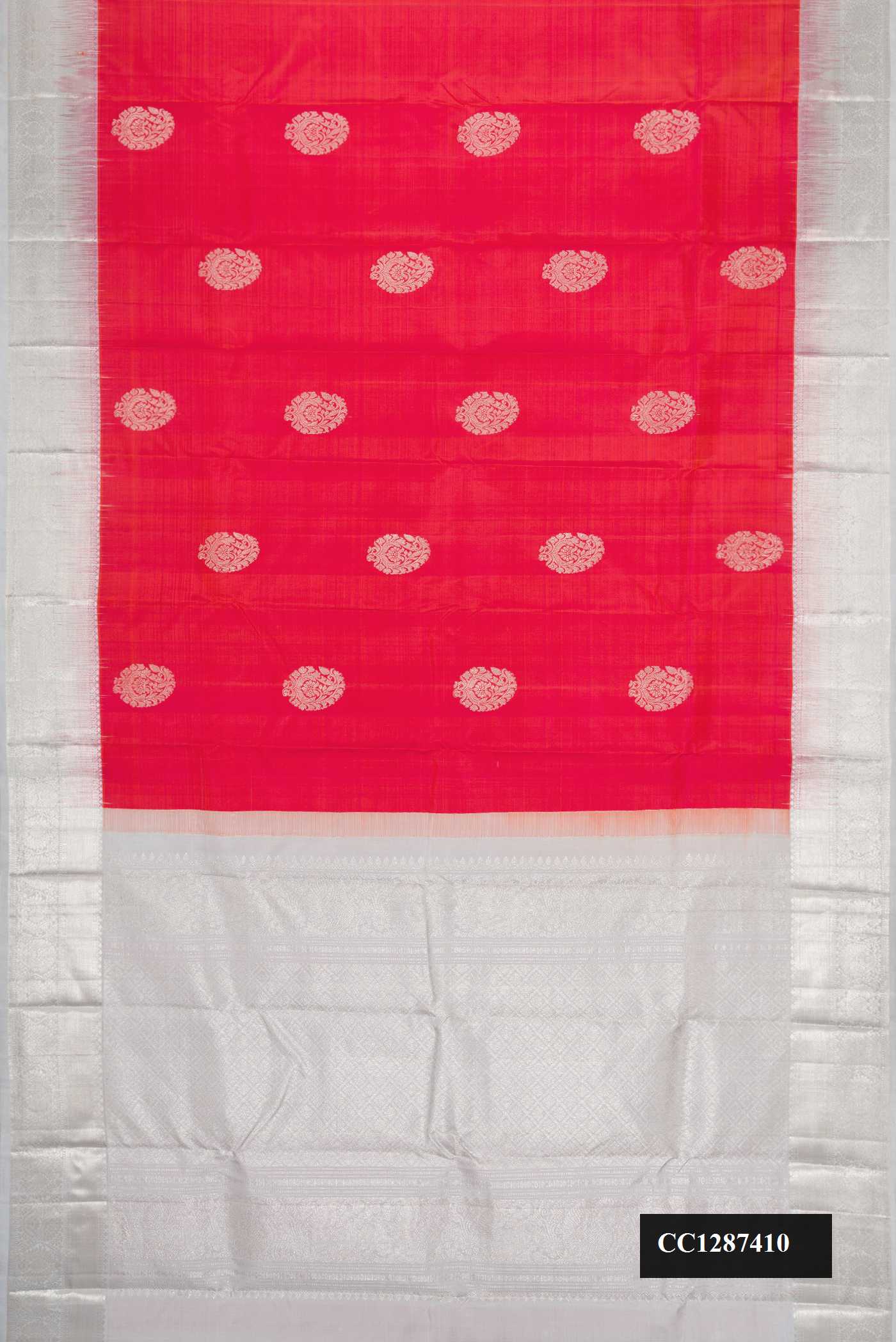 Red Dual Tone Kanchipuram Silk Saree with Zari Butta on the body and Zari Border.  displayed on a mannequin