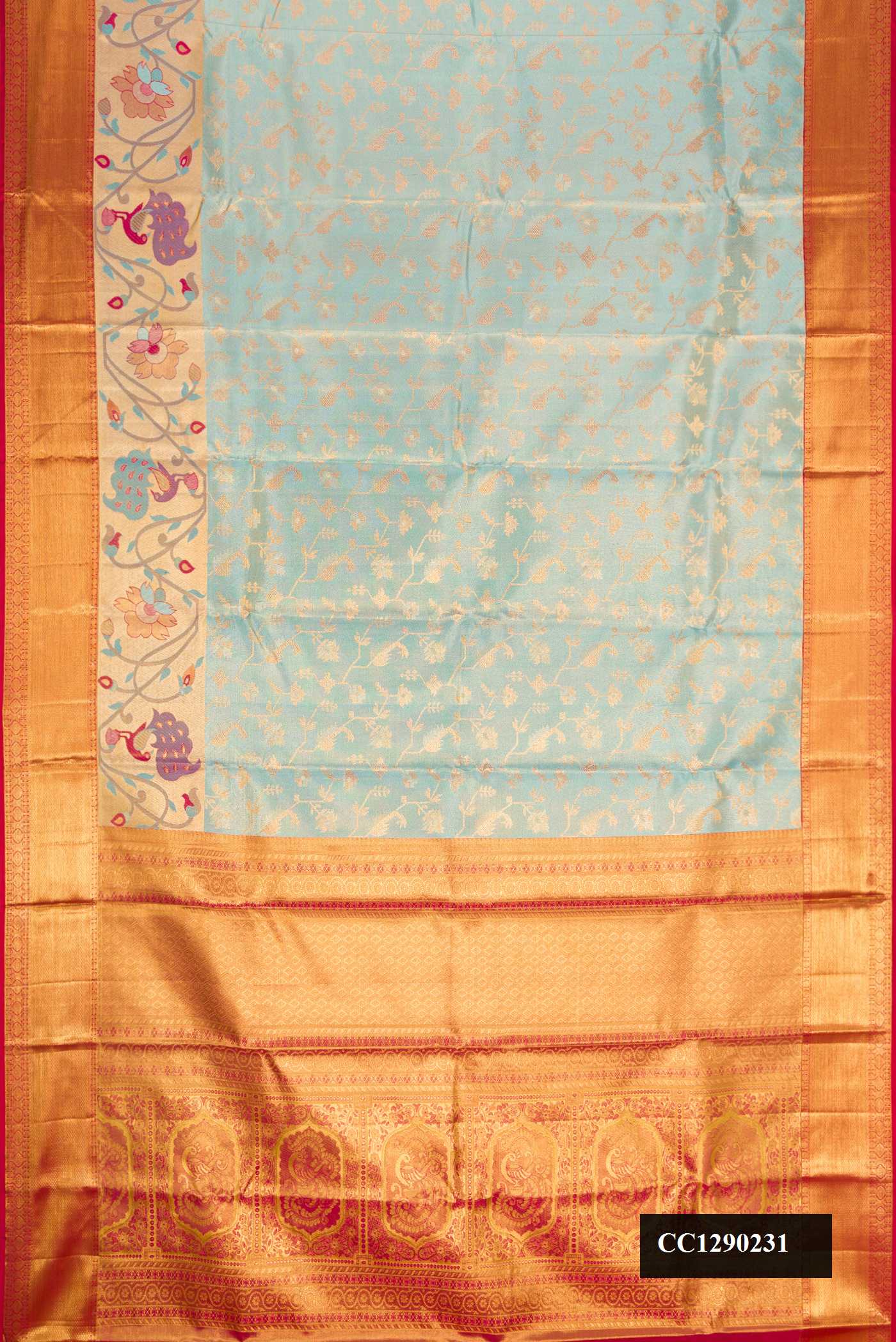 Grey Dual Tone Kanchipuram Tissue Silk Saree with Zari Brocade on the body and Zari Border.  displayed on a mannequin