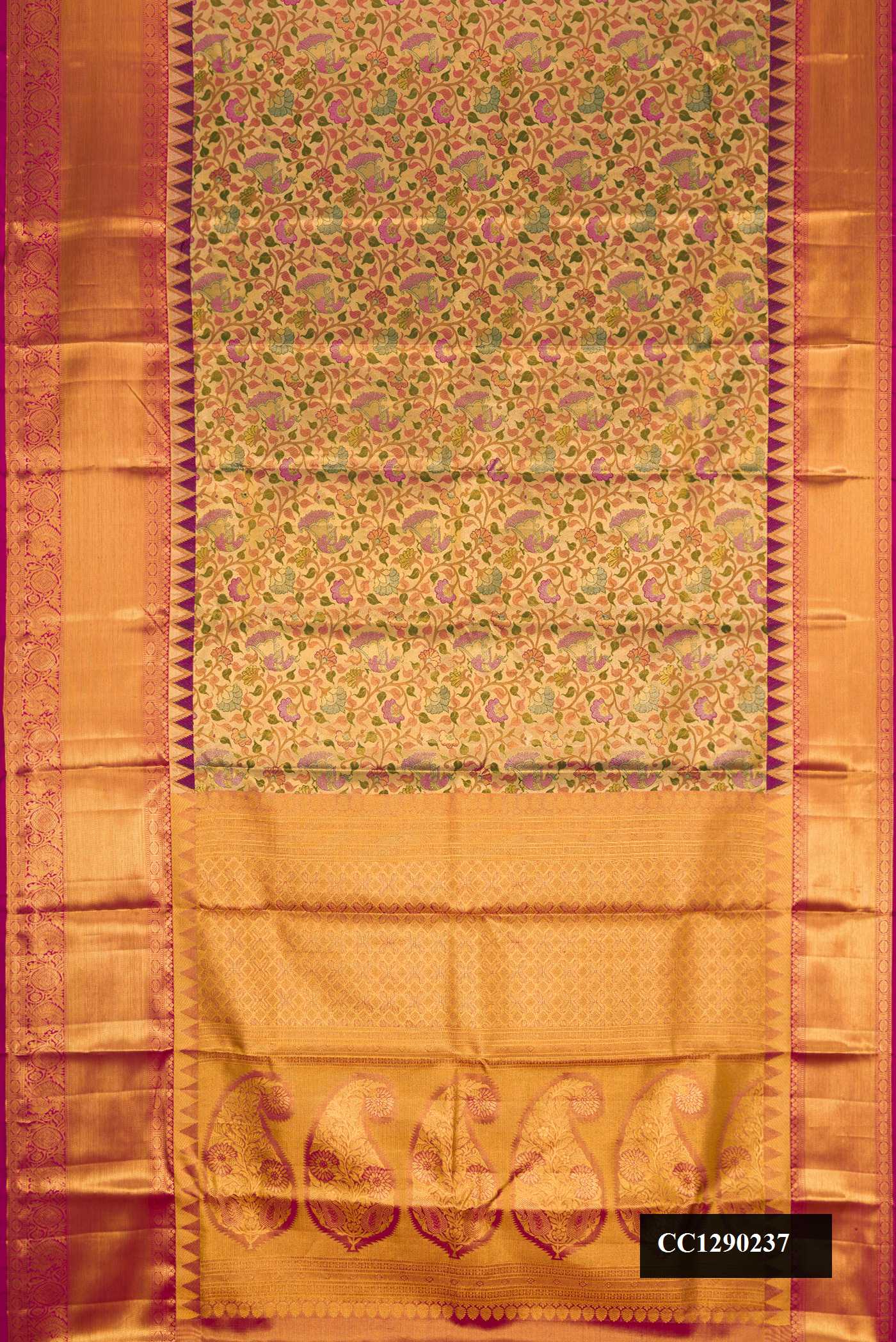 Purple Dual Tone Kanchipuram Silk Saree with Zari Brocade on the body and Zari Border.  displayed on a mannequin