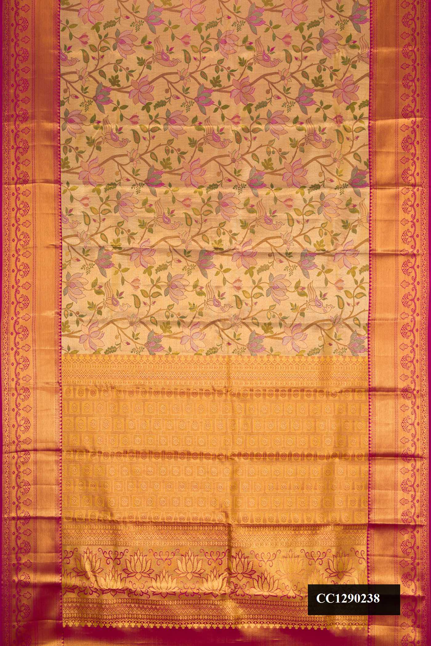 Gold Dual Tone Kanchipuram Silk Saree with Zari Brocade on the body and Zari Border.  displayed on a mannequin