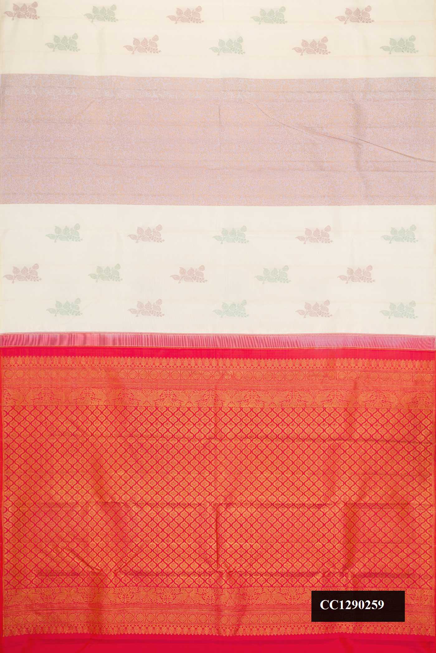 Sandal Dual Tone Kanchipuram Silk Saree with Zari And Thread Butta on the body and Without Border.  displayed on a mannequin