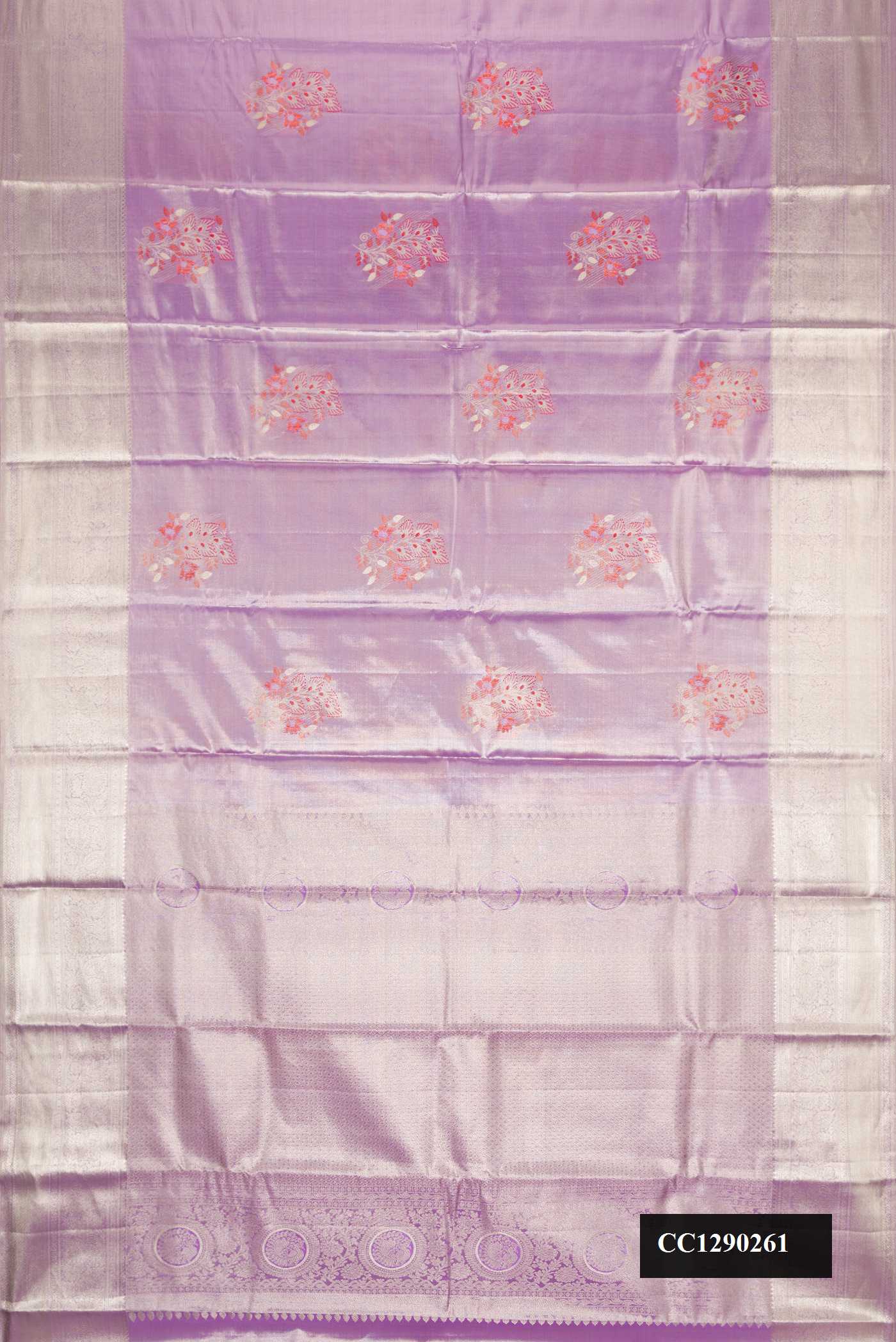 Lavender Dual Tone Kanchipuram Silk Saree with Zari Brocade on the body and Zari Border.  displayed on a mannequin