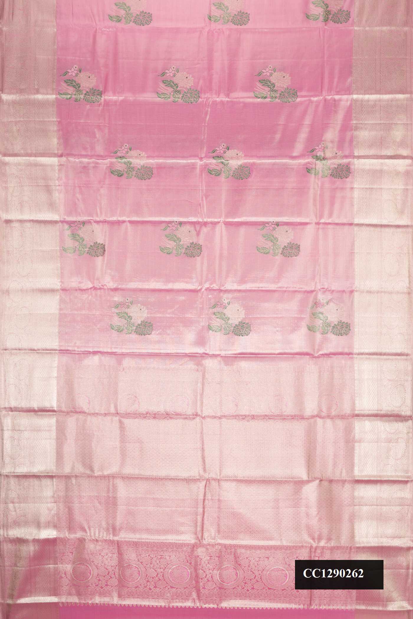Pink Dual Tone Kanchipuram Tissue Silk Saree with Zari Brocade on the body and Zari Border.  displayed on a mannequin