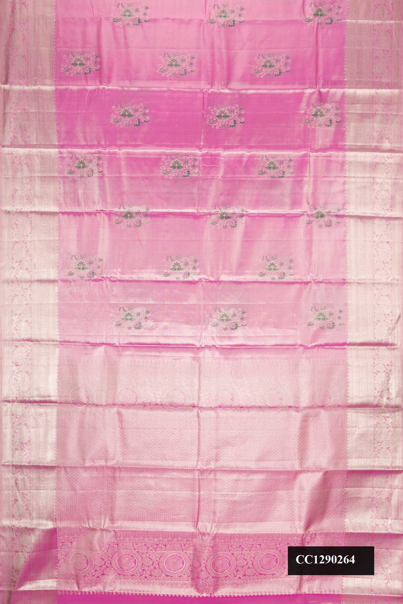 Pink Dual Tone Kanchipuram Tissue Silk Saree with Zari Brocade on the body and Zari Border.  displayed on a mannequin