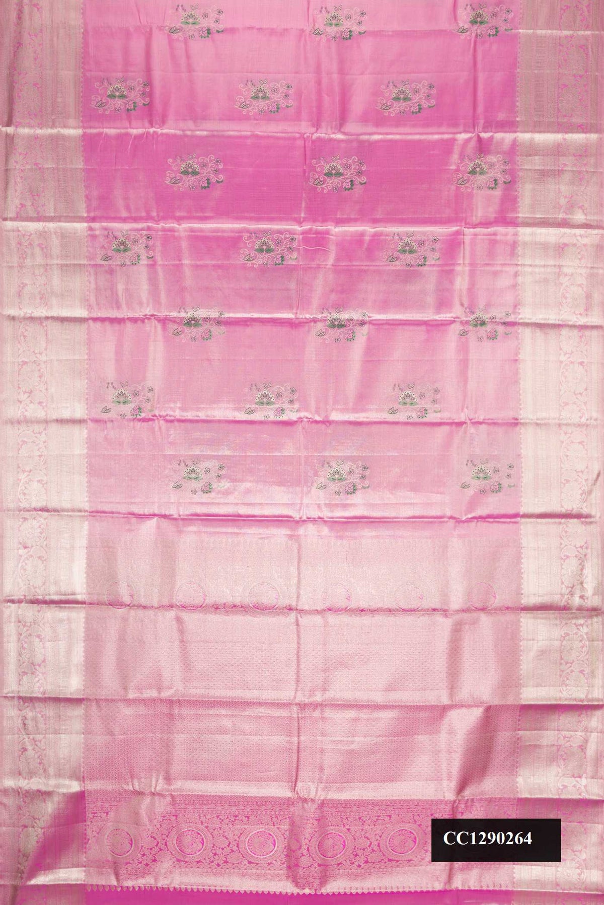 Pink Dual Tone Kanchipuram Tissue Silk Saree with Zari Brocade on the body and Zari Border.  displayed on a mannequin