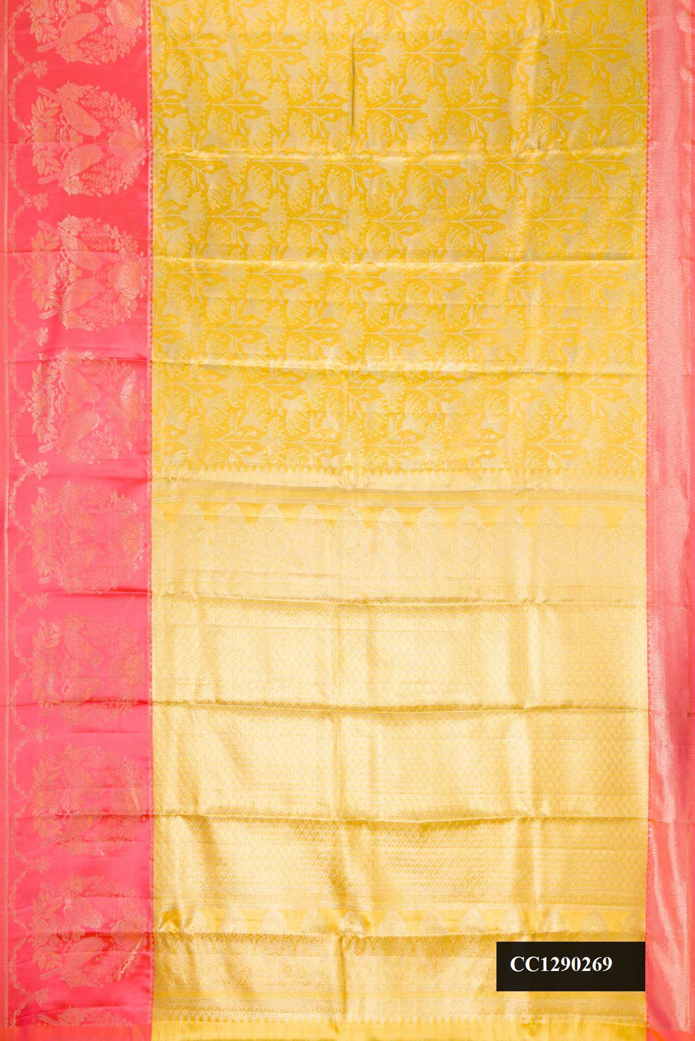 Yellow Dual Tone Kanchipuram Tissue Silk Saree with Zari Brocade on the body and Zari Border.  displayed on a mannequin