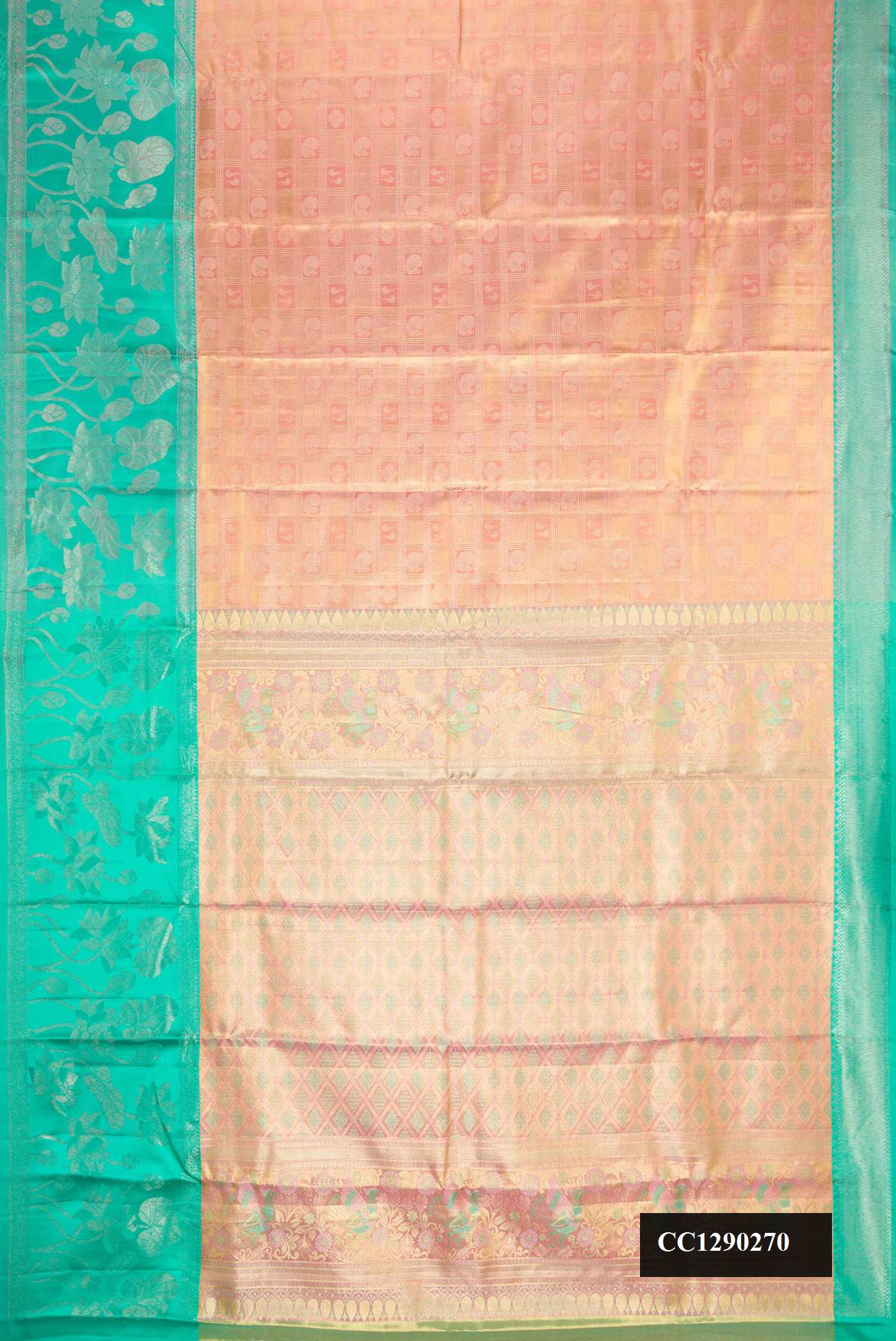 Golden Peach Dual Tone Kanchipuram Tissue Silk Saree with Zari Brocade on the body and Zari Border.  displayed on a mannequin