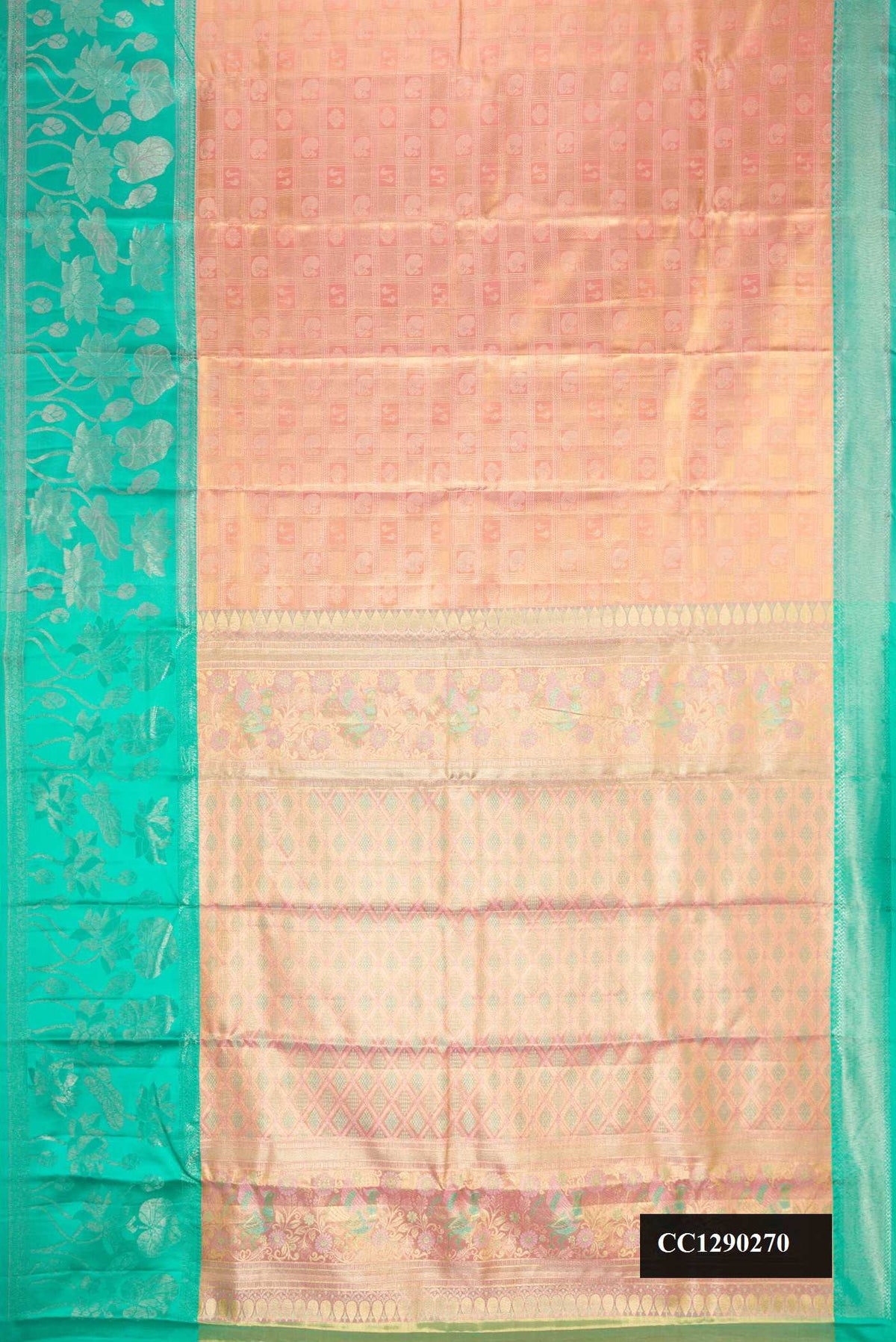 Golden Peach Dual Tone Kanchipuram Tissue Silk Saree with Zari Brocade on the body and Zari Border.  displayed on a mannequin