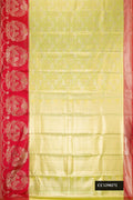 Parrot Green Dual Tone Kanchipuram Tissue Silk Saree with Zari Brocade on the body and Zari Border.  displayed on a mannequin