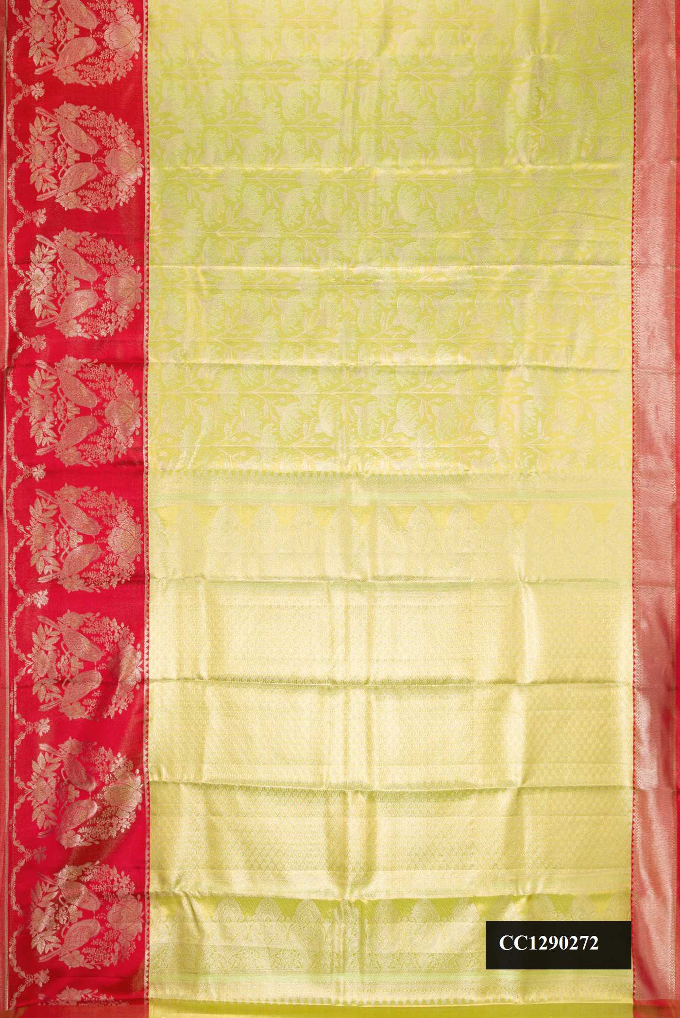 Parrot Green Dual Tone Kanchipuram Tissue Silk Saree with Zari Brocade on the body and Zari Border.  displayed on a mannequin