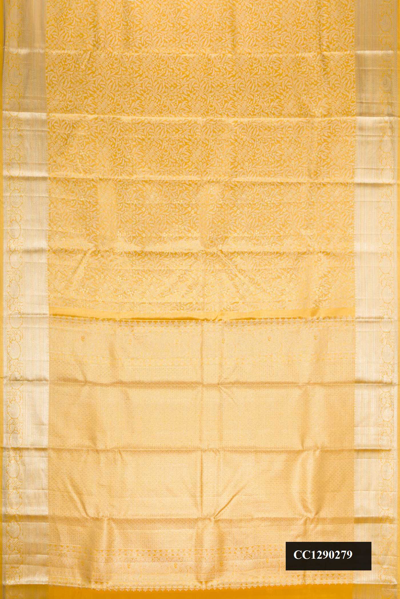 Gold Dual Tone Kanchipuram Silk Saree with Zari Brocade on the body and Zari Border.  displayed on a mannequin