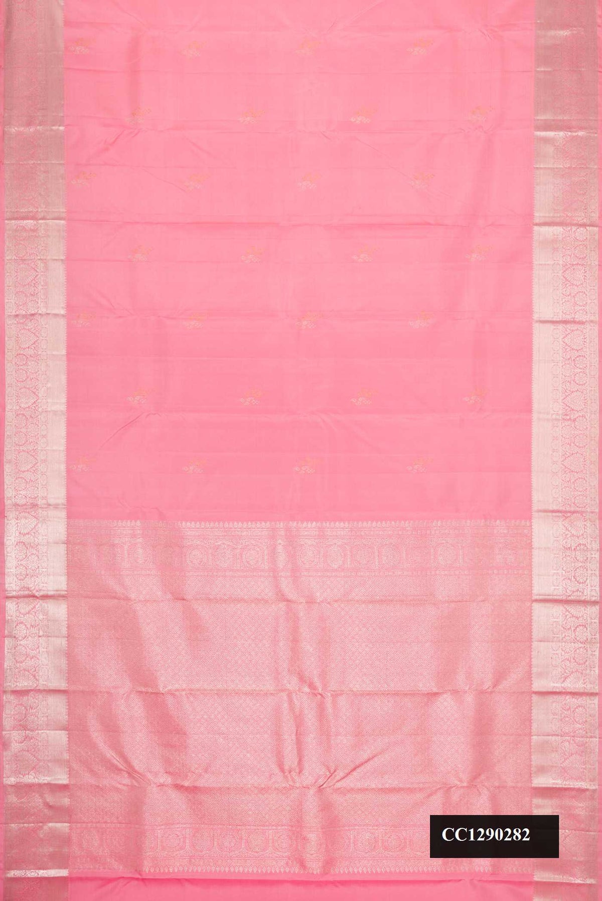 Pink Dual Tone Kanchipuram Silk Saree with Zari Butta on the body and Zari Border.  displayed on a mannequin