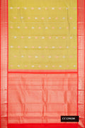Pista Green Dual Tone Kanchipuram Silk Saree with Zari Butta on the body and Zari Border.  displayed on a mannequin