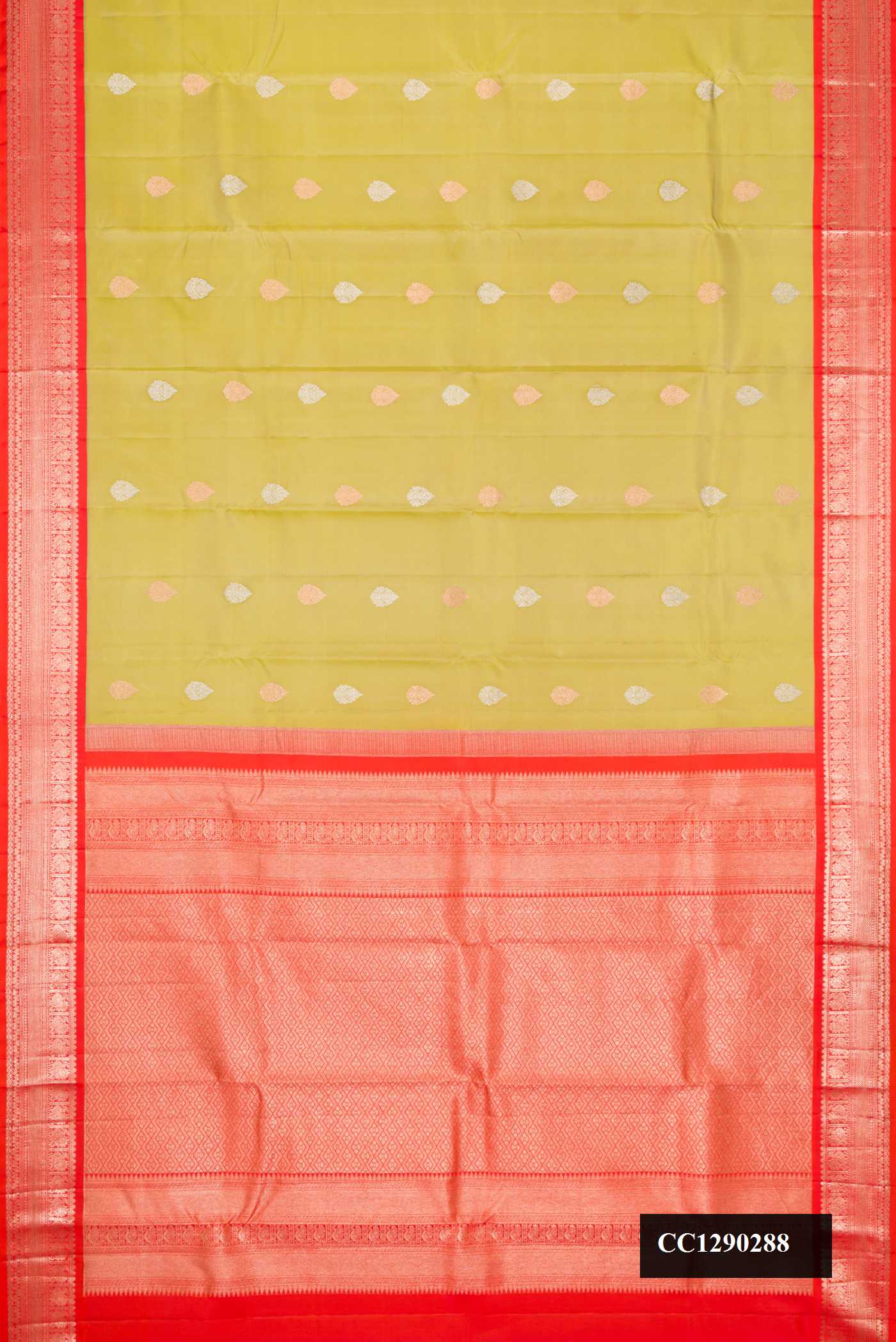 Pista Green Dual Tone Kanchipuram Silk Saree with Zari Butta on the body and Zari Border.  displayed on a mannequin