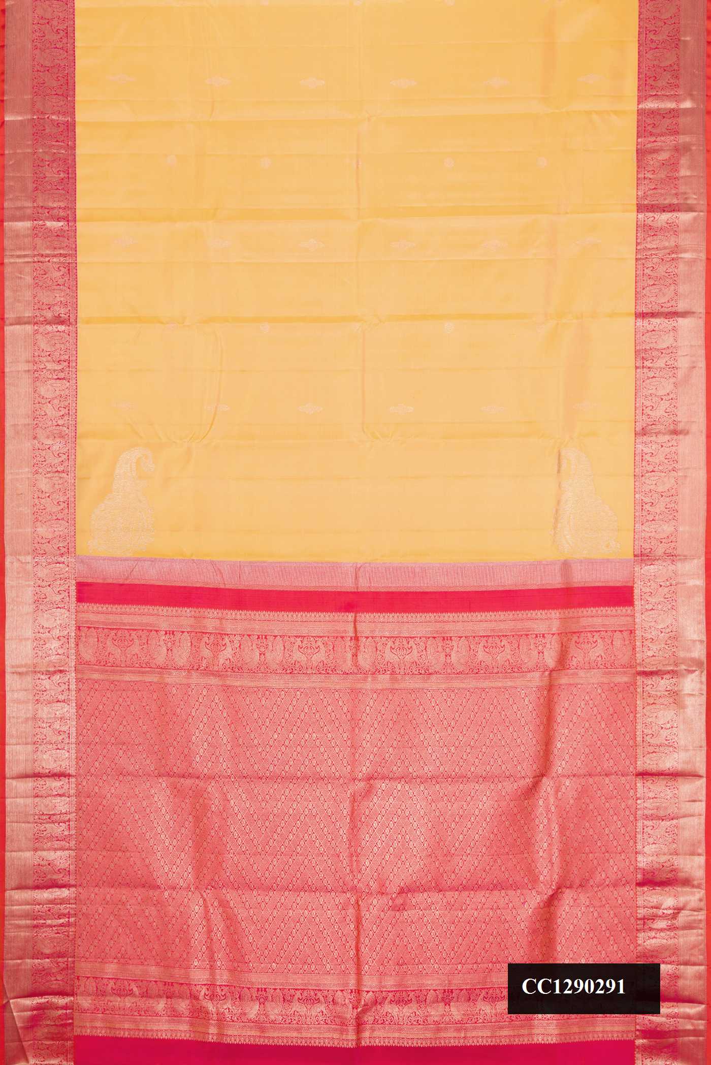 Yellow Dual Tone Kanchipuram Silk Saree with Zari Butta on the body and Zari Border.  displayed on a mannequin
