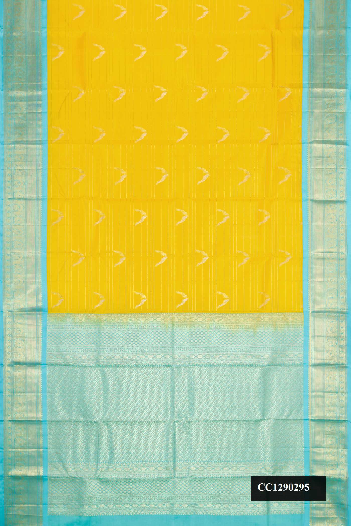 Yellow Dual Tone Kanchipuram Silk Saree with Zari Butta on the body and Zari Border.  displayed on a mannequin