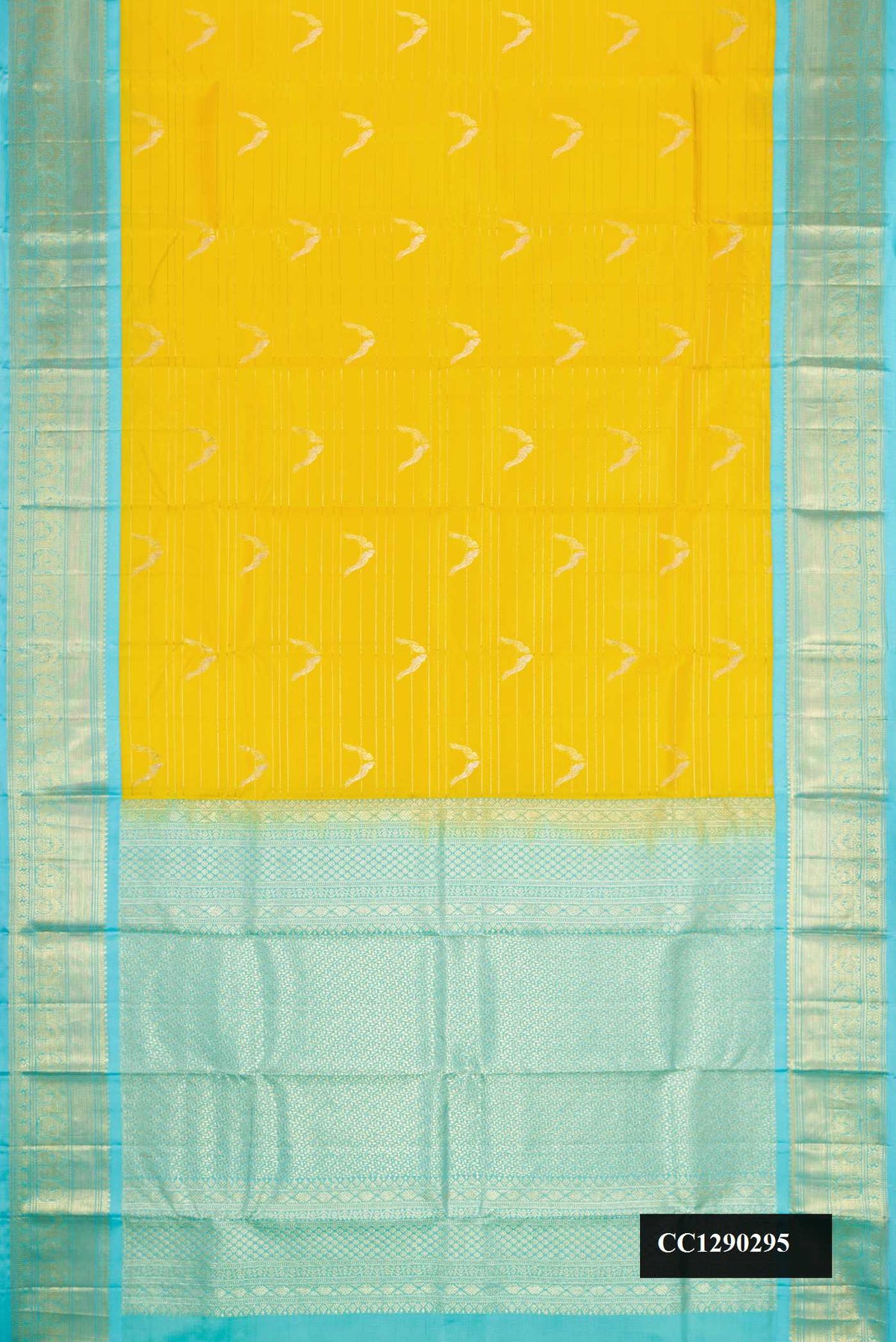 Yellow Dual Tone Kanchipuram Silk Saree with Zari Butta on the body and Zari Border.  displayed on a mannequin